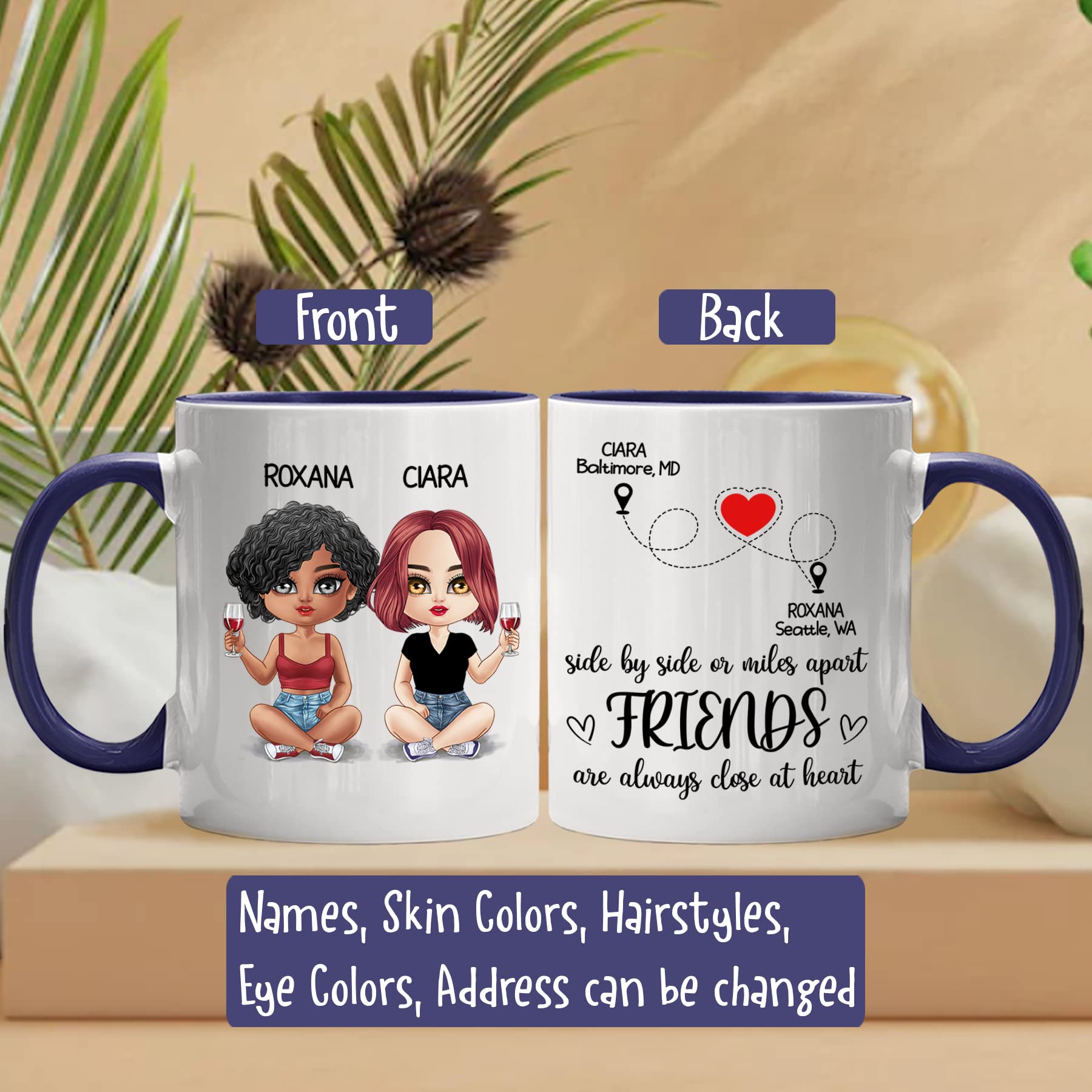 Personalized Best Friend Coffee Mug for Women - Custom Name & Address 11oz Ceramic Cup - Unique BFF Gifts for Long Distance Friendship, Sister Soulmates - Perfect for Coffee, Tea & Hot Chocolate at Home/Office
