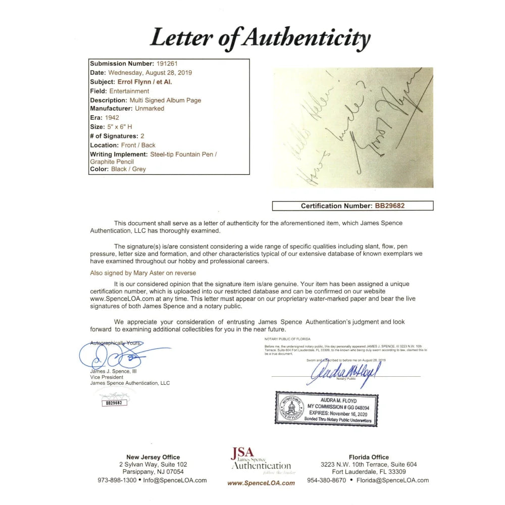 Errol Flynn Hand Signed Album Page Cut with JSA COA - Authentic Autograph from Robin Hood Hollywood Star - Perfect for Collectors, Memorabilia Displays & Film History Enthusiasts