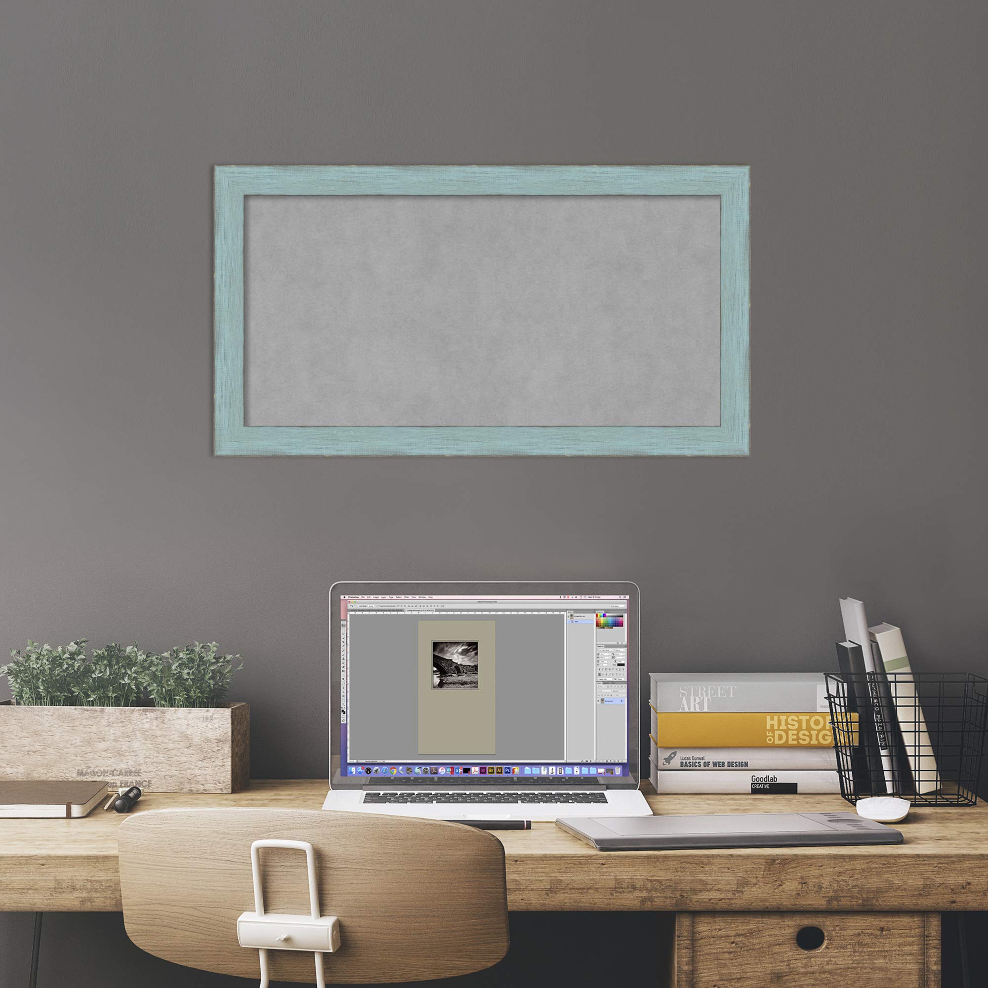 Amanti Art 14x26 Inch Blue Framed Magnetic Board - 100% Metal Sheet for Vision Board, Office Decor & Home Organization | Perfect for Kitchen, Mudroom, Kids Room & Workspace