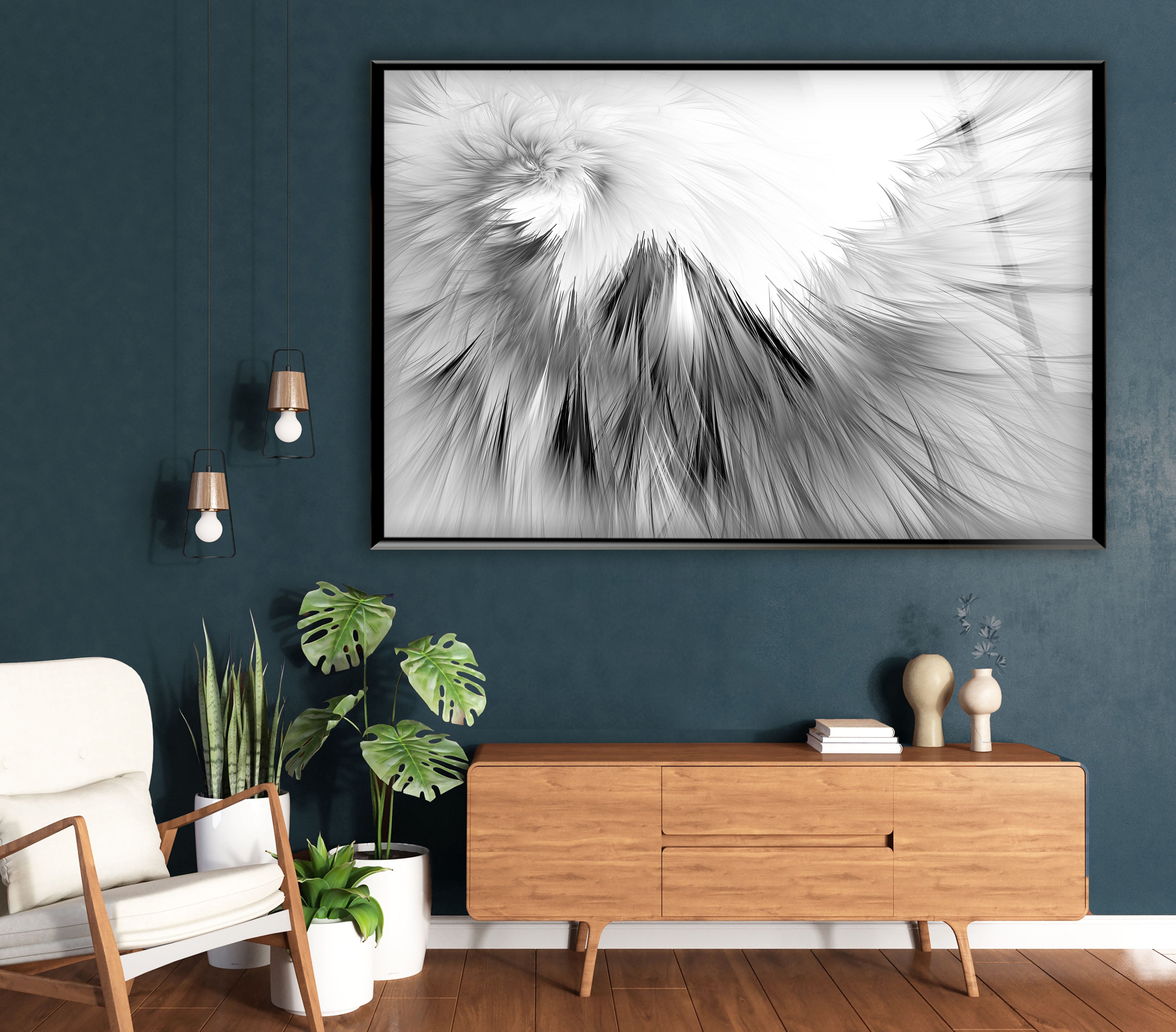 Black and White Abstract Wall Art - Feather Texture Glass Print | Modern Home Decor for Living Room, Bedroom & Office