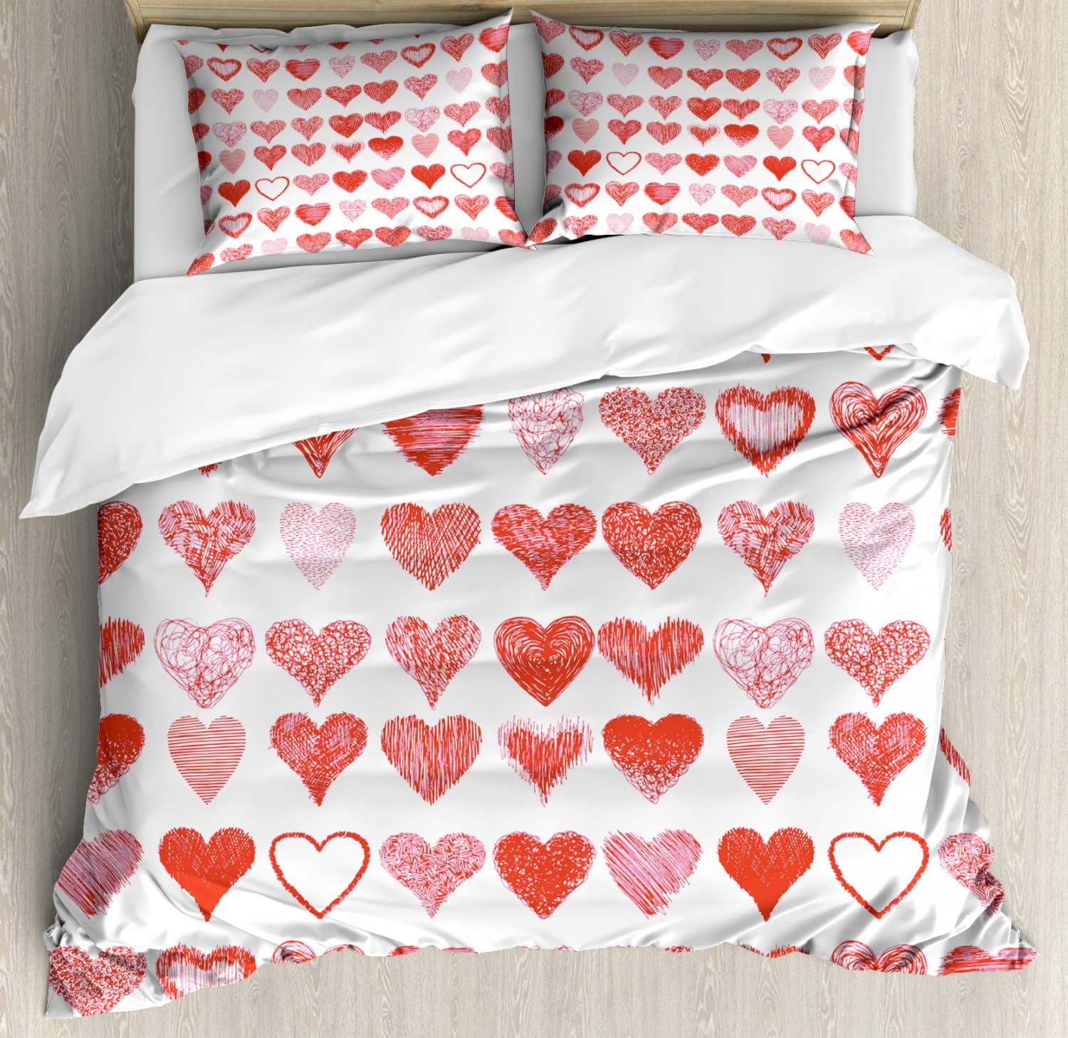 Ambesonne Valentines Day Duvet Cover Set - Romantic Hand Drawn Heart Design, 2-Piece Queen Size Bedding with 4 Pillowcases in Vermilion Pink & White - Perfect for Couples Bedroom, Anniversary Gift & Romantic Home Decor