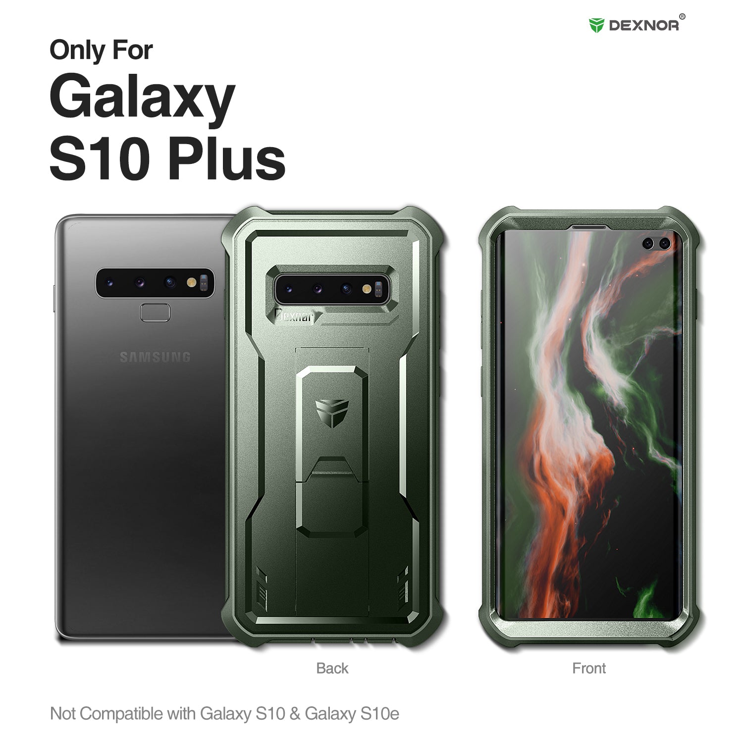Dexnor Heavy Duty Shockproof Rugged Case for Samsung Galaxy S10 Plus with Built-in Kickstand & Full Body Protection + Free Screen Protector - Perfect for Outdoor Adventures, Work & Daily Use