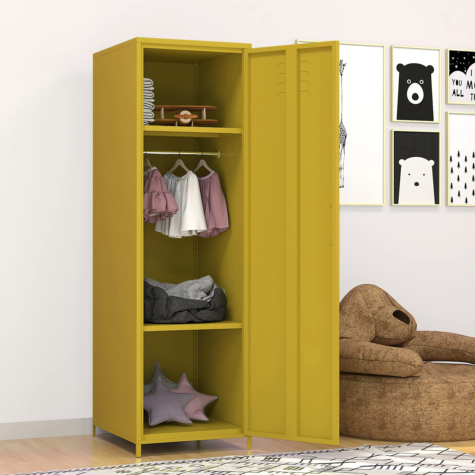Steel Locker Cabinet with Hanging Rod & Shelves - Single Door Metal Storage Locker for Bedroom, School & Classroom - Organize Toys, Clothes & Accessories - Durable Yellow Storage Solution for Home & Office Use