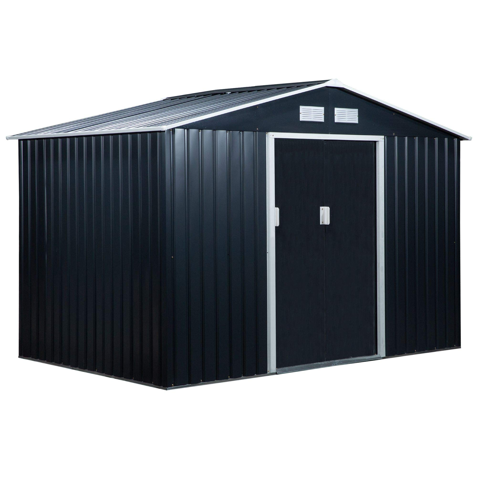 Outsunny 9' x 6' Outdoor Storage Shed - Heavy Duty Metal Garden Tool Shed with Foundation Kit, Double Lockable Doors & Sloping Roof | Perfect for Backyard, Patio, Lawn Organization & Seasonal Storage | Dark Gray Weather-Resistant Design
