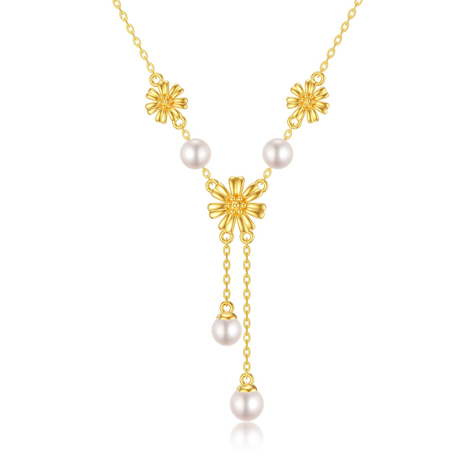 14K Solid Gold Sunflower Necklace for Women - Elegant Gold Pearl Y-Shaped Lariat Necklace | Perfect Birthday, Anniversary & Mother's Day Jewelry Gift for Mom & Wife | 16