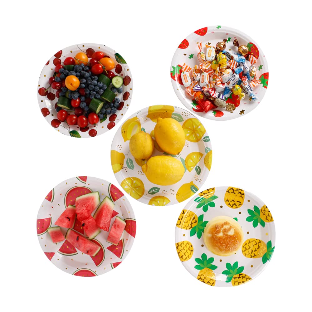 Gold Strawberry Disposable Paper Plates 9 Inch - Elegant Gold Foil Dessert Plates for Party, Wedding, Baby Shower - Set of 20 Decorative Fruit Themed Plates - Perfect for Birthday Celebrations, Picnics & Special Events