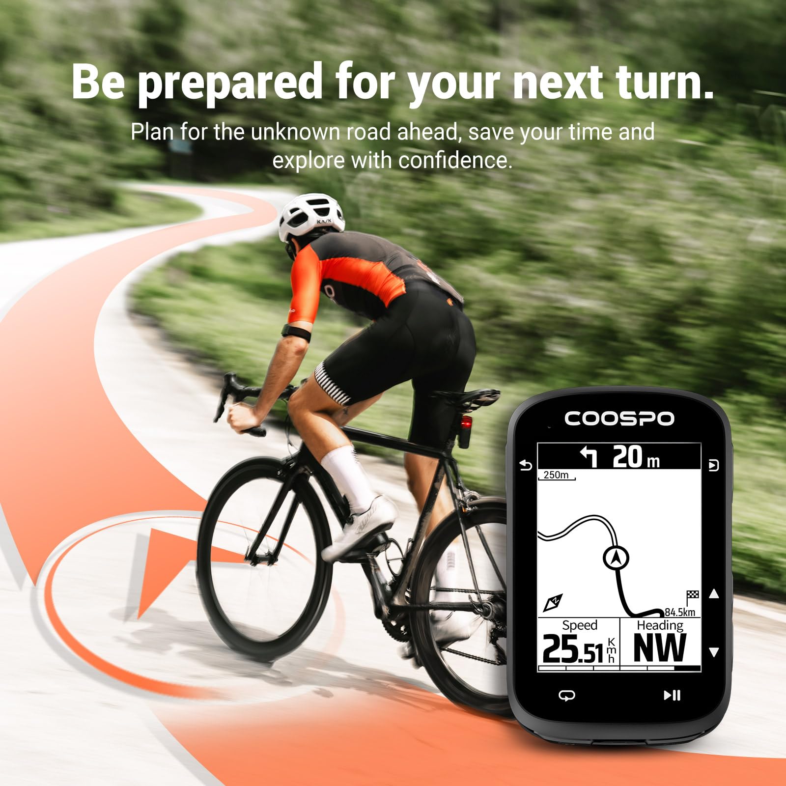 COOSPO Wireless GPS Bike Computer CS500 - 2.6 Inch LCD Cycling GPS with Bluetooth 5.0 & ANT+ | Route Navigation, Speed Tracking & Bike Radar Support | 45H Battery Life & Auto-Backlight for Road, Mountain & Commuter Biking