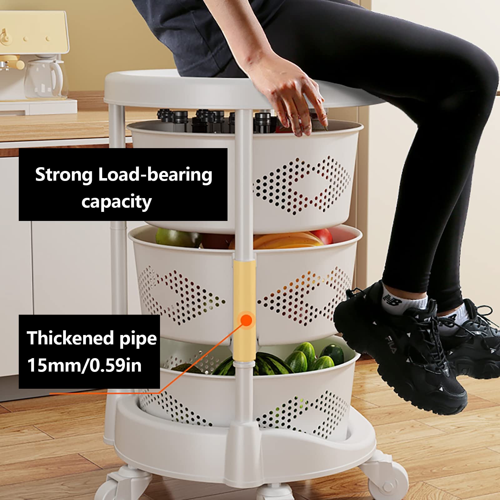 Kaibrite 3-Layer Rotating Kitchen Storage Rack with Wheels - White Multi-Tier Revolving Basket Organizer for Spices, Pantry Items, Bathroom Essentials & Garage Tools - Perfect for Small Spaces & Clutter-Free Organization
