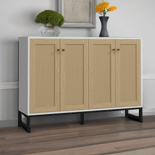Panana 4-Door Sideboard Accent Storage Cabinet with Rattan Decor - White Freestanding Kitchen Buffet & Dining Room Cupboard | Perfect for Farmhouse Decor, Kitchen Organization & Dining Room Storage