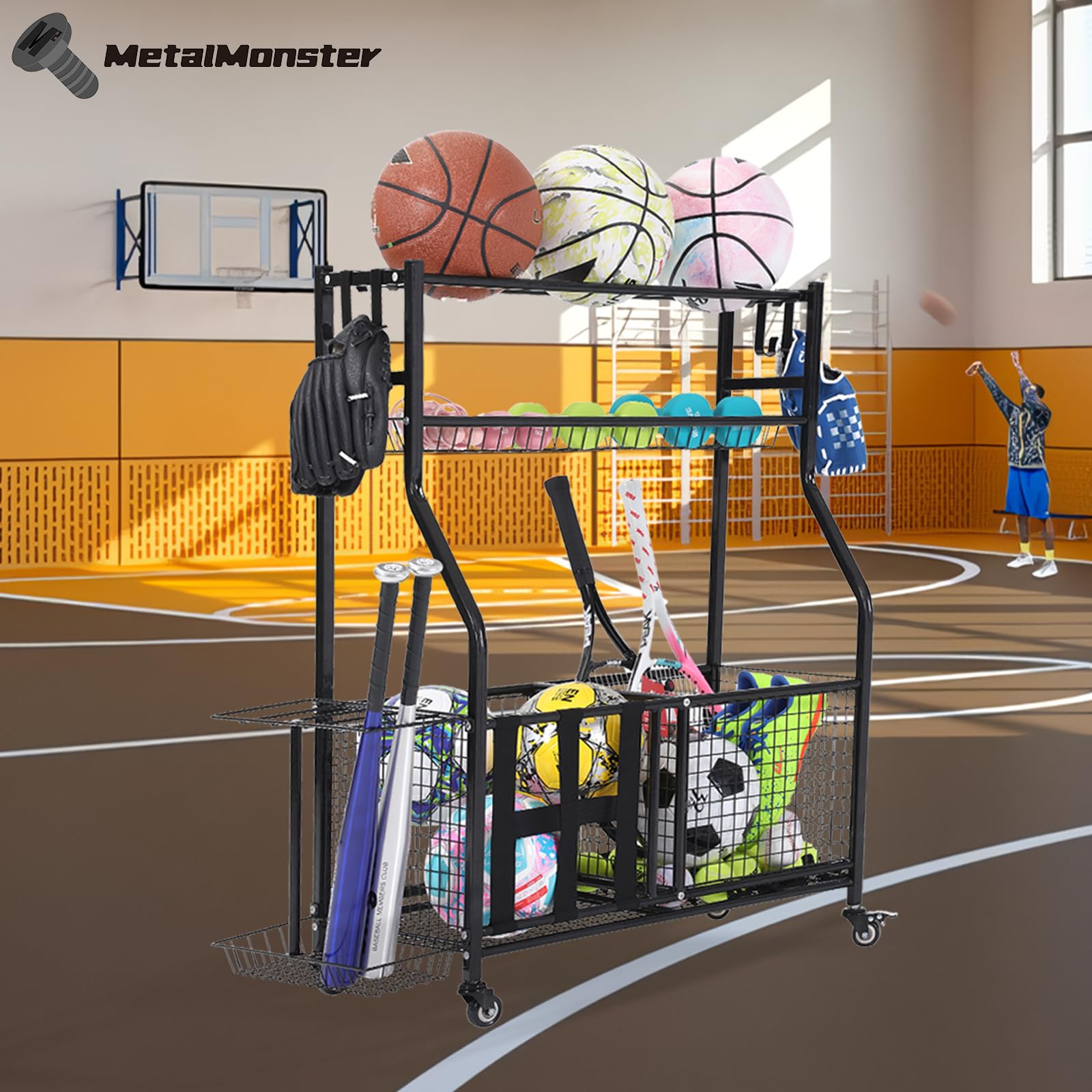 Heavy-Duty 3-Tier Weight Rack for Home Gym - Dumbbell, Kettlebell & Yoga Mat Storage Organizer with Wheels & Hooks | Perfect for Garage, Basement & Home Workout Equipment Organization
