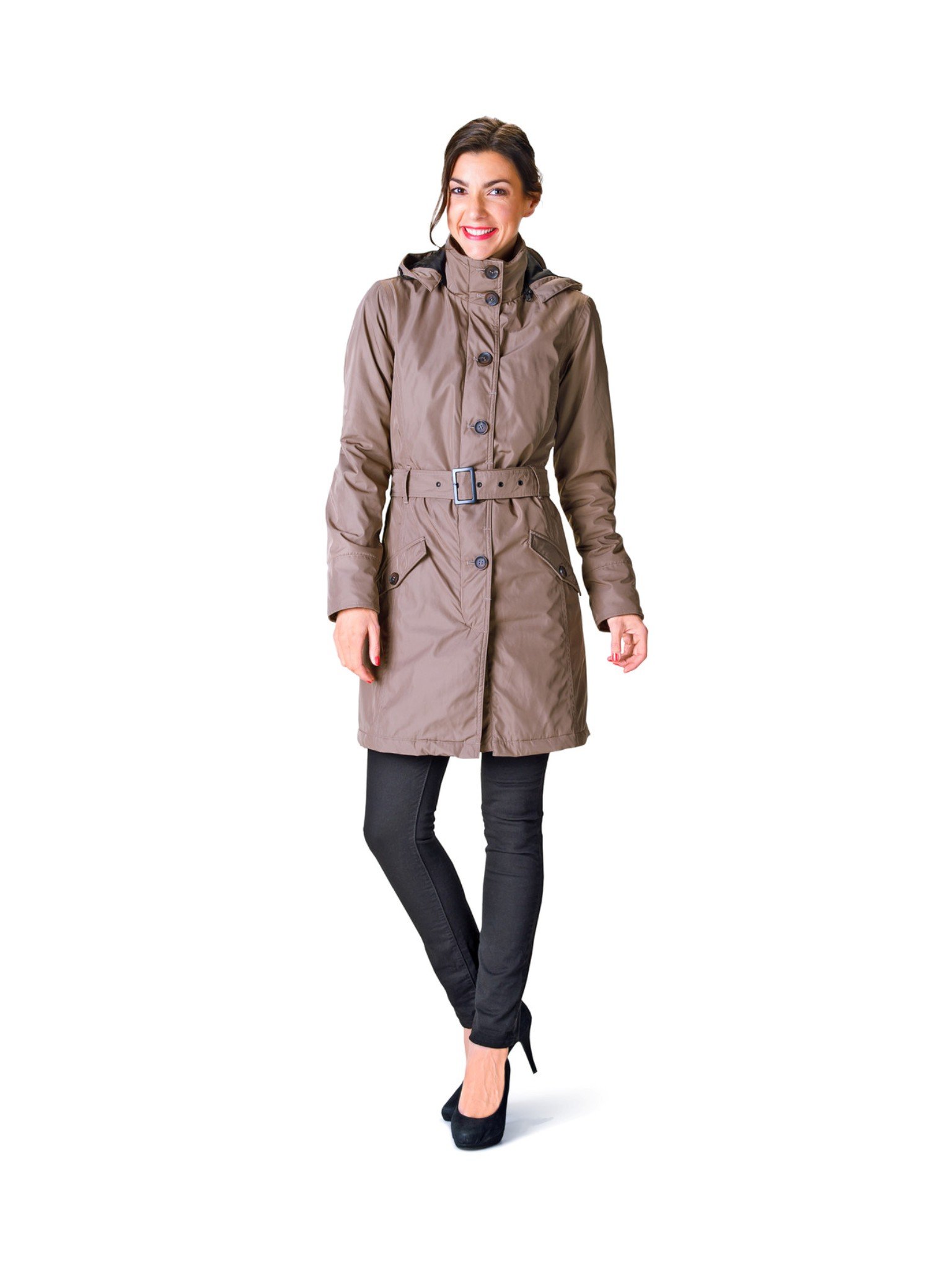 Happy Rainy Days Twill Padded Winter Parka Coat for Women - Waterproof Warm Jacket with Hood, Taupe Color, Size Small - Perfect for Snowy Weather & Outdoor Activities