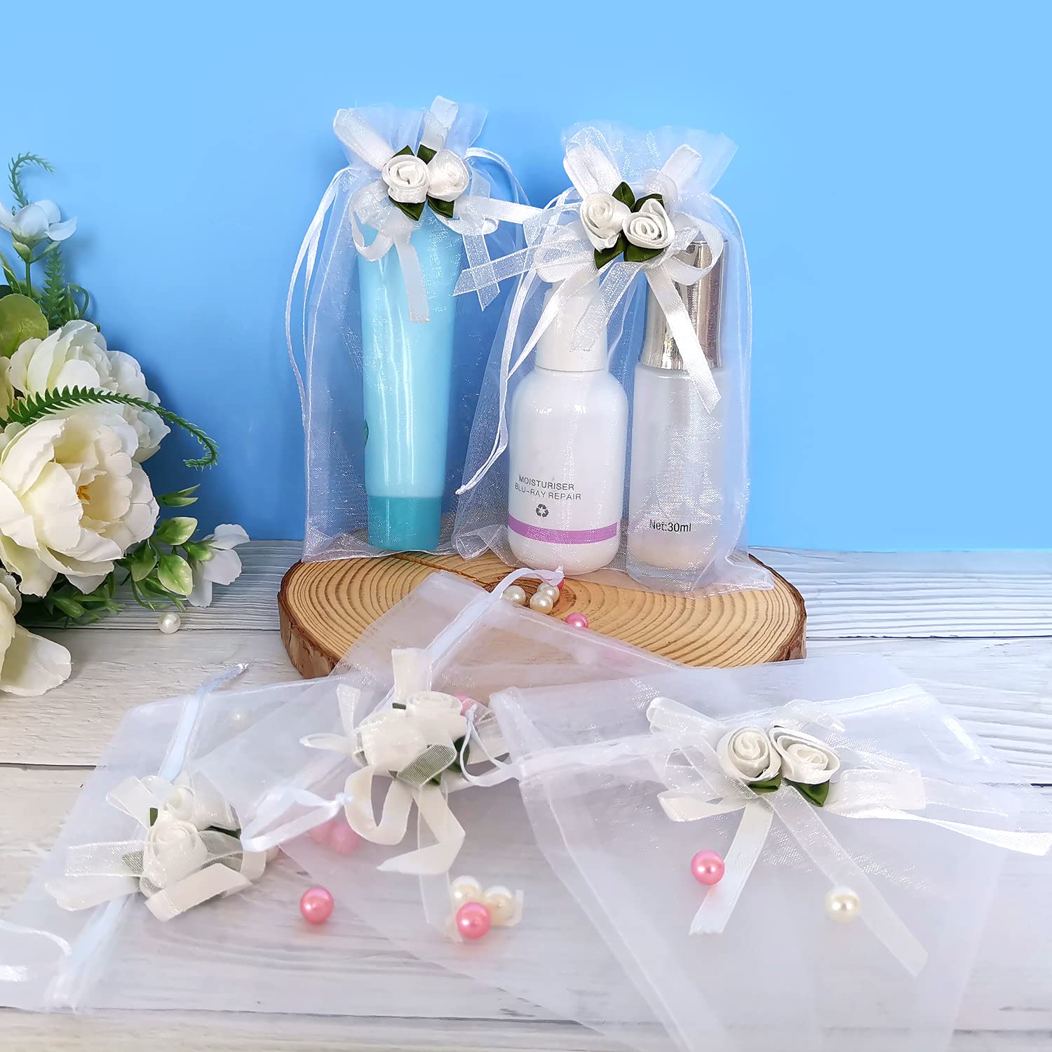 SumDirect 50Pcs 5x7 Inch White Rose Organza Drawstring Gift Bags - Elegant Wedding Favor Pouches for Jewelry, Party Favors, Christmas Gifts & Valentine's Day Presents | Perfect for Bridal Showers, Baby Showers and Special Occasions