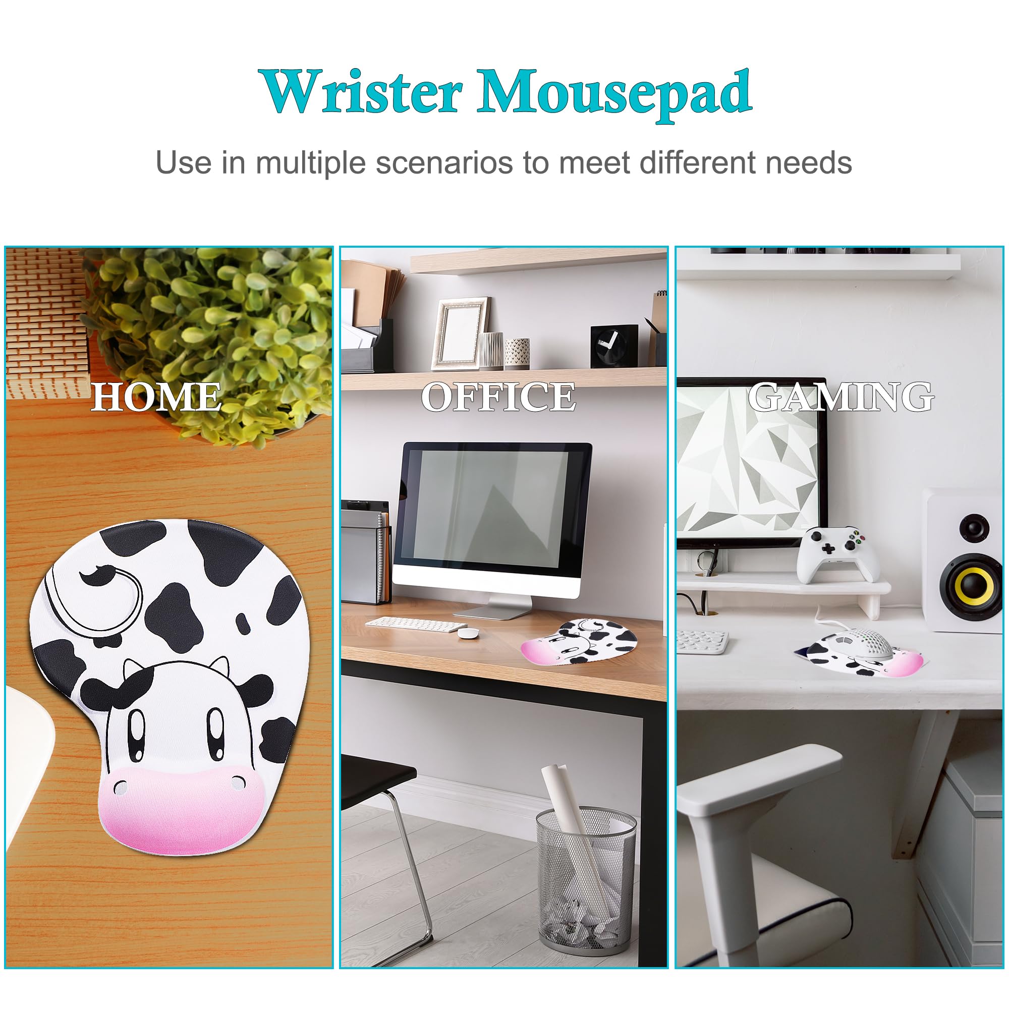 Ergonomic Mouse Pad with Wrist Support - Cute Cow Print Design, Non-Slip Rubber Base, Comfortable for Office & Home Use (9.1 x 7.5 Inches, Black & White) - Perfect for Long Computer Work Sessions, Gaming, and Typing Comfort