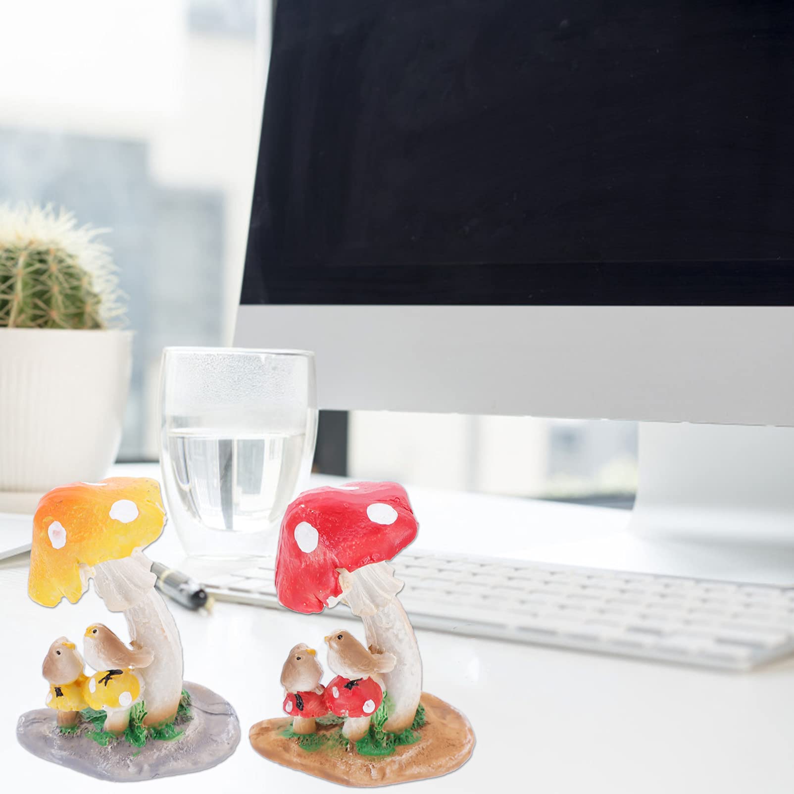2pcs Mushroom Ornament Resin Craft Figurines - Cute Home Decor, Garden Fairy Decor, Shelf Display, DIY Terrarium Accents for Indoor Outdoor Decoration