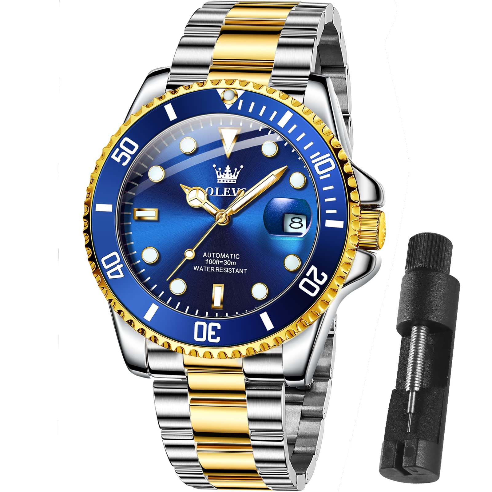 OLEVS Men's Luxury Automatic Mechanical Watch - Two-Tone Stainless Steel Pro Diver Waterproof Wristwatch for Business, Sports & Formal Occasions