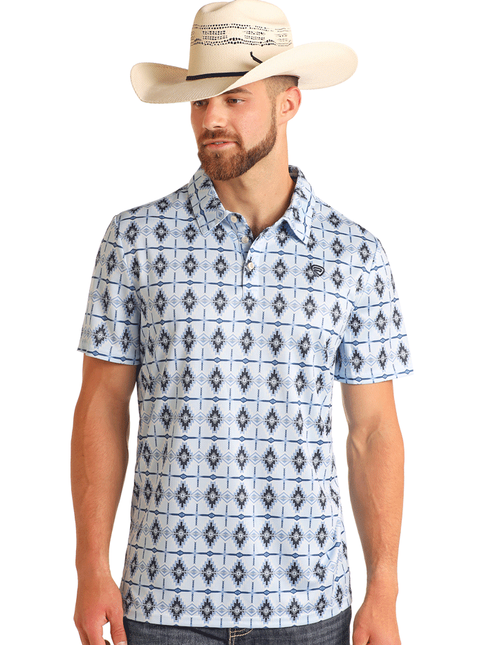 Rock & Roll Denim BM51T05992 Men's Aztec Printed Polo Shirt - Baby Blue Casual Wear for Summer Outings & Music Festivals