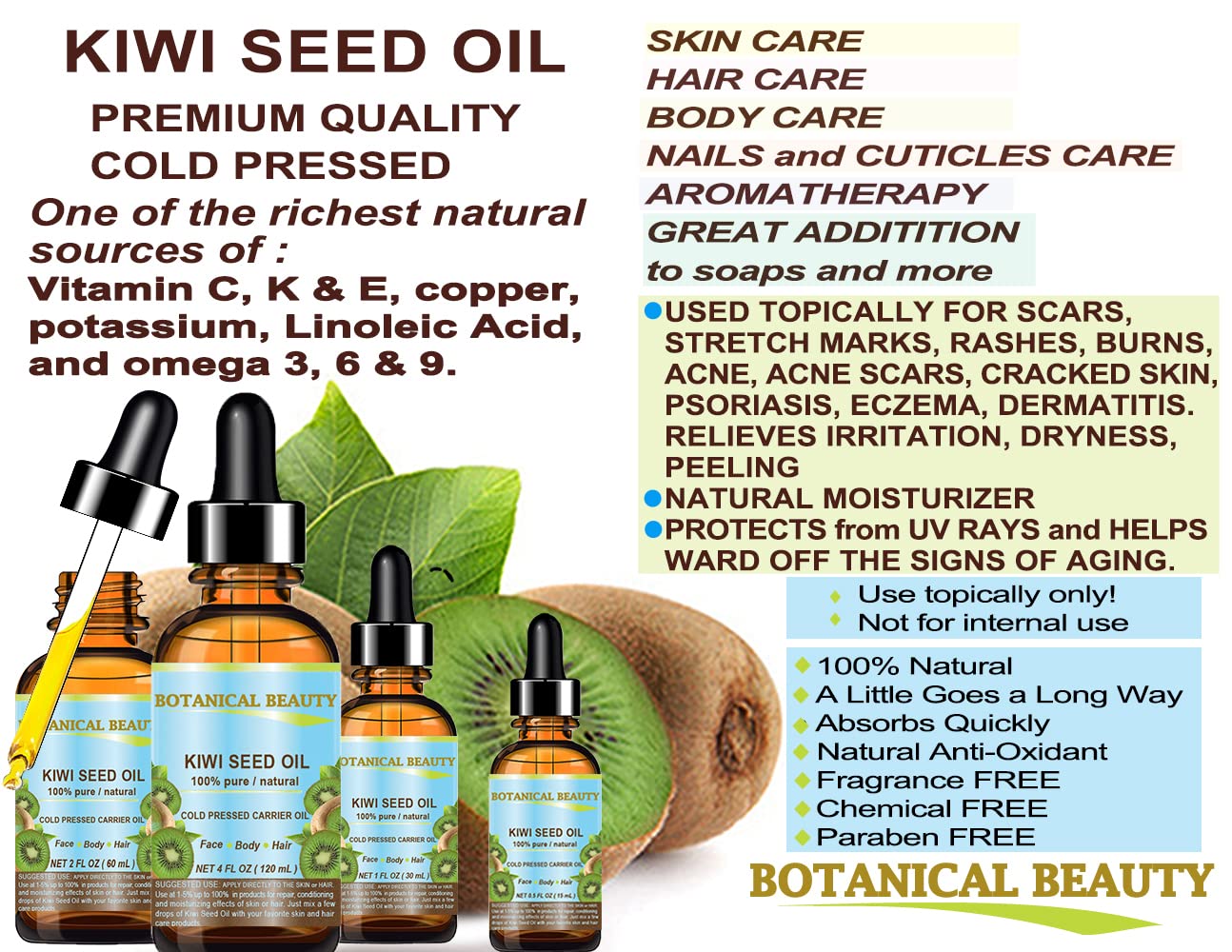 100% Pure Natural Kiwi Seed Oil - Cold Pressed, Undiluted, Virgin Carrier Oil for Face, Skin, Body, Hair & Nail Care (1 Fl.oz / 30ml) - Botanical Beauty Solution for Hydration & Anti-Aging