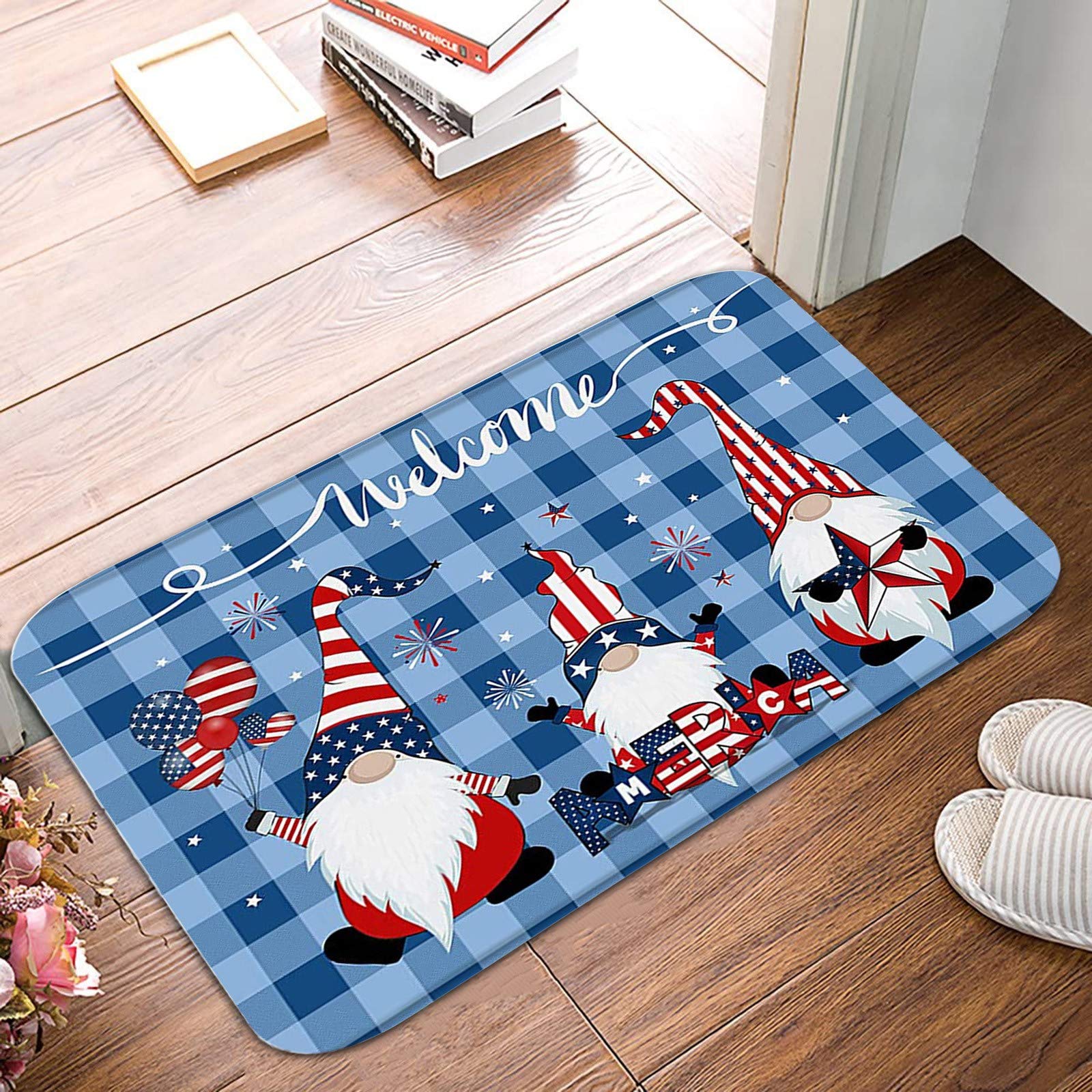 American Flag Patriotic Welcome Doormat - Non-Slip Independence Stars & Gnomes Design for Home, Office, Front Door Decor | Perfect for 4th of July, Memorial Day & Patriotic Home Decor