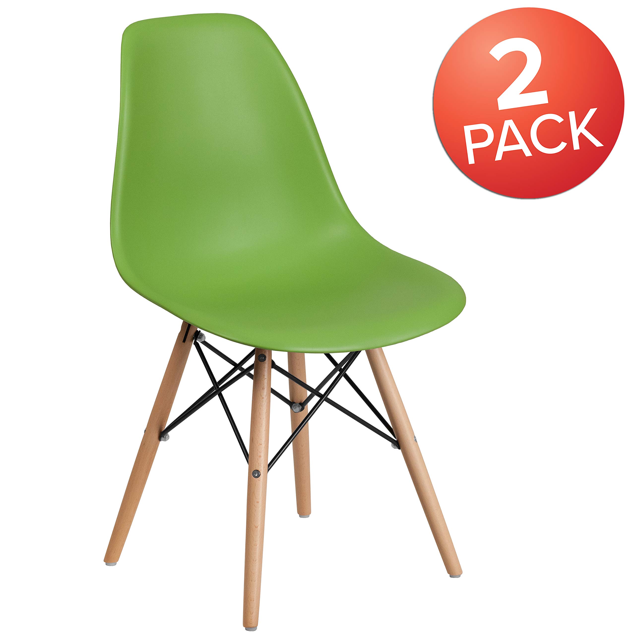 2 Pack Green Plastic Chairs with Wooden Legs - Durable Outdoor & Indoor Seating - Side Chairs for Restaurants, Cafes, and Patio Use