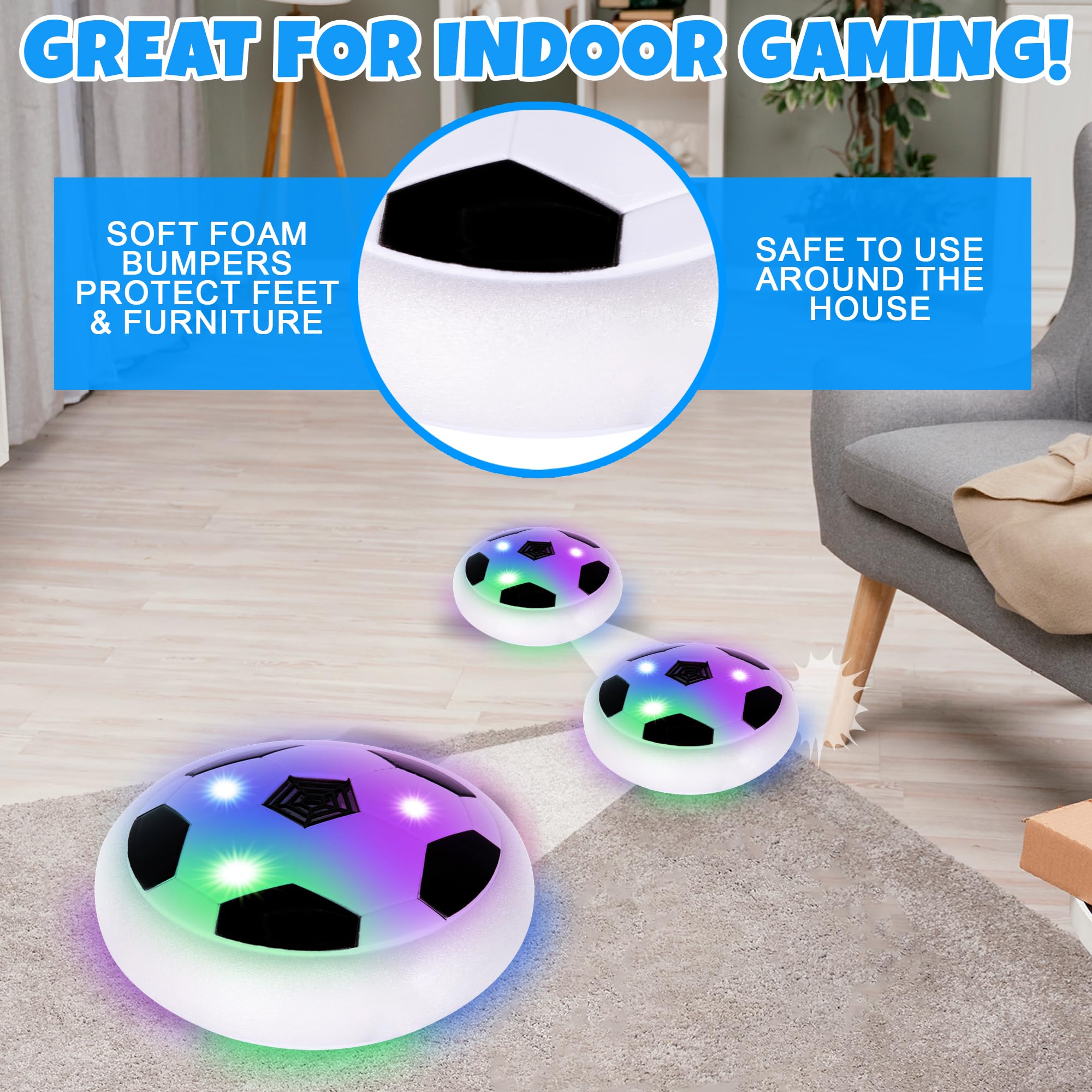 **Gamie Light Up Hover Soccer Ball Set of 2 – LED Floating Soccer Balls with Foam Bumpers for Indoor & Outdoor Play – Fun Soccer Toys for Boys & Girls – Perfect Gift for Kids, Birthday & Rainy Day Activities**