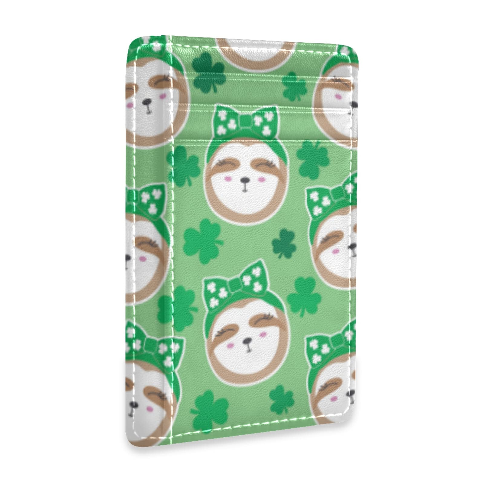 Irish Sloth Seamless Shamrock Clover Lucky Leaves Saint Patrick's Day Slim RFID Blocking Leather Wallet - Minimalist Front Pocket Card Holder for Men & Women - Perfect Gift for Travel, Work & Daily Use