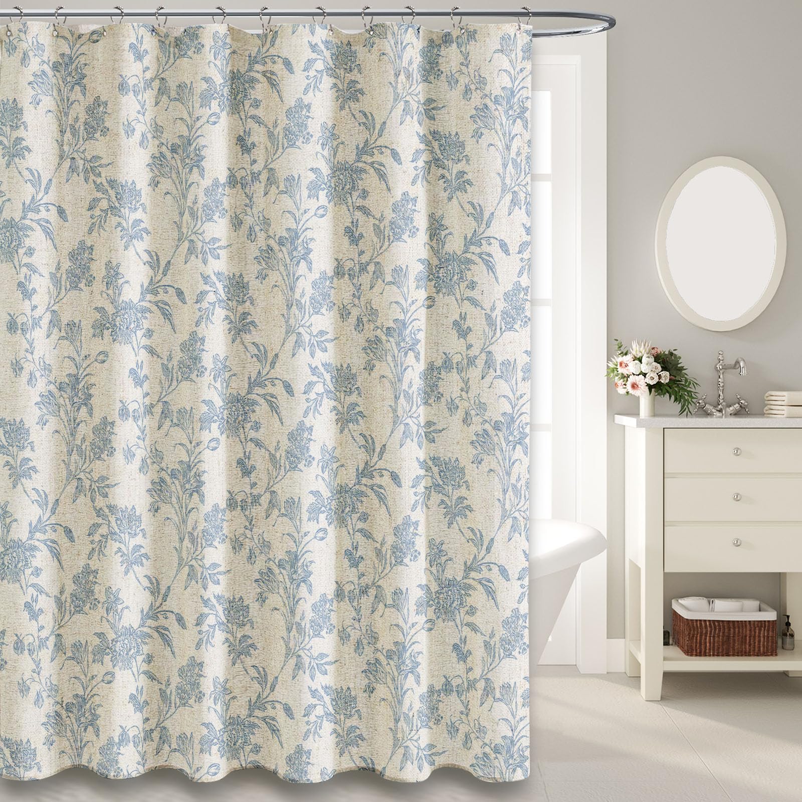 Blue Floral Cotton Linen Shower Curtain - 72x72 Inches Waterproof Bathroom Decor for Cottagecore Aesthetic - Perfect for Farmhouse, Vintage & Boho Style Bathrooms