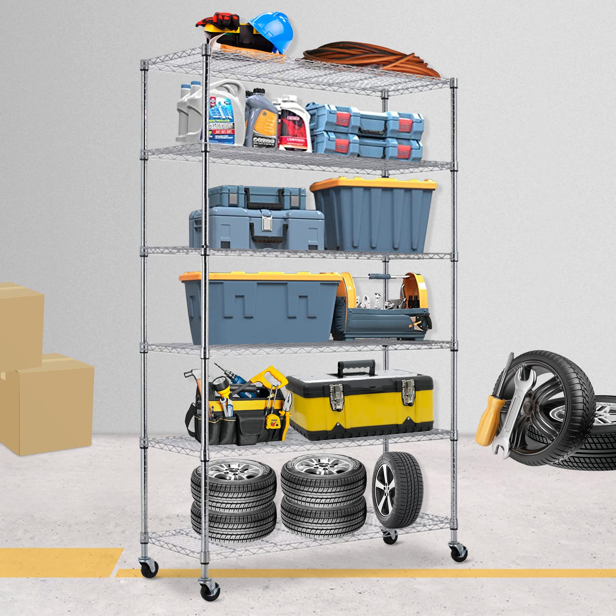 Heavy Duty Storage Shelving Unit with Wheels - Commercial Steel Wire Shelving Rack Organizer - Adjustable Utility Shelves for Garage, Kitchen, Warehouse & Office Storage - Ideal for Home Organization & Business Use