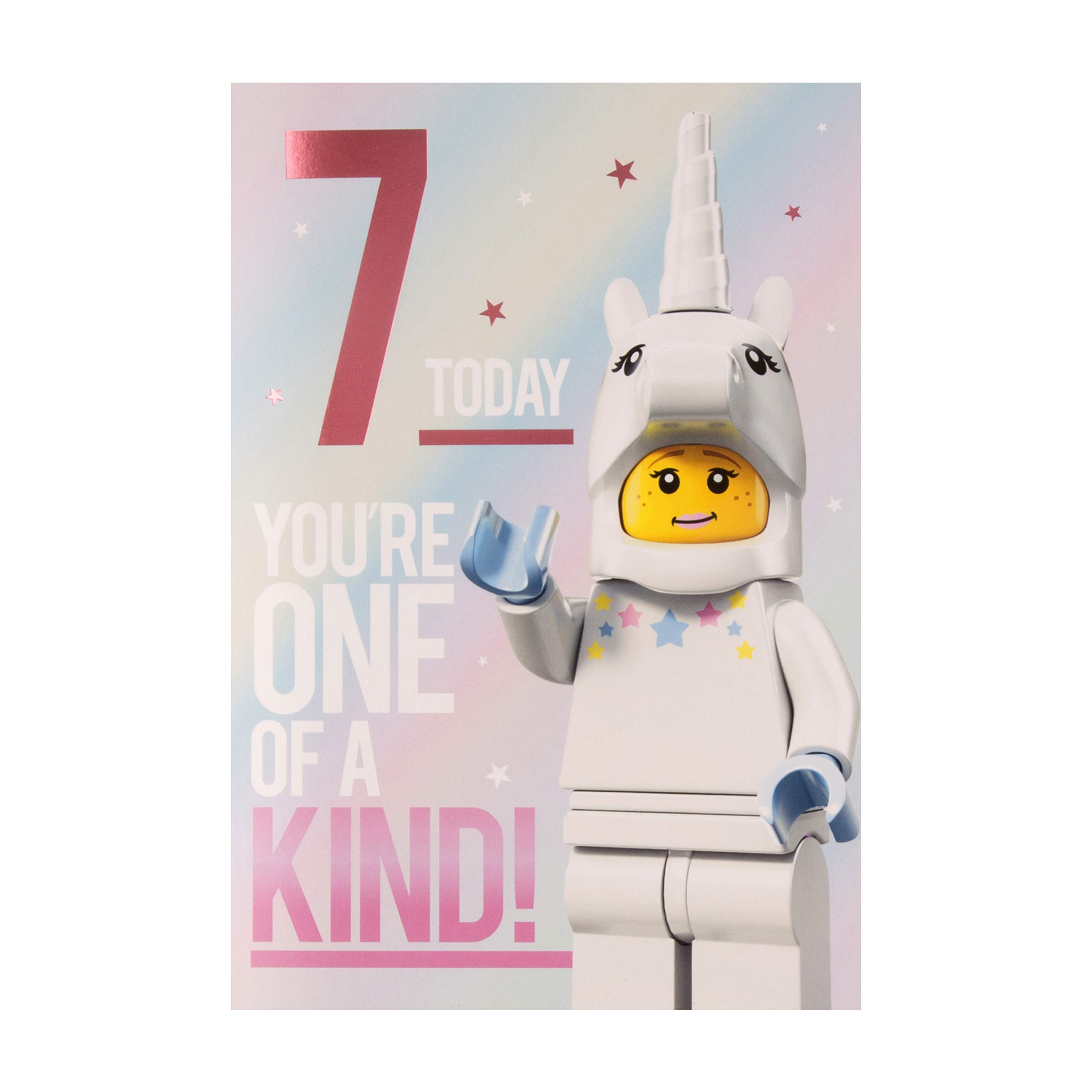 Hallmark Age 7 Birthday Card - Lego Minifigure Design | Fun Construction Theme Greeting Card for Boys & Girls | Perfect for Kids' Parties & Gift Giving
