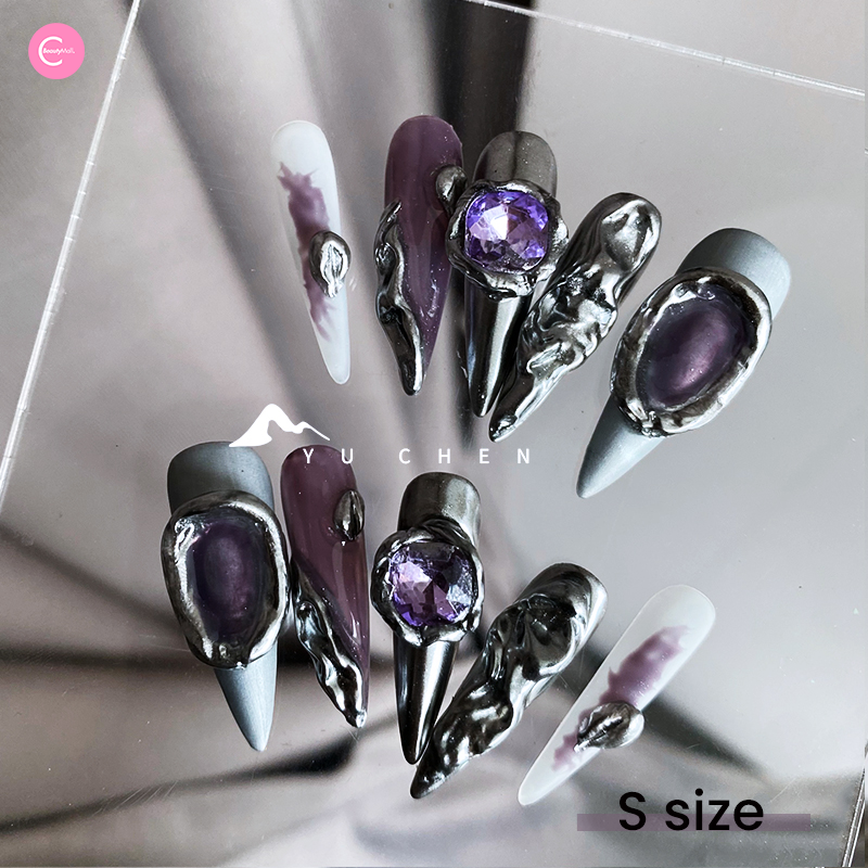 YUCHEN Gothic Press On Nails - Black Punk Style Fake Nails with Glue, Long Stiletto False Nails for Women - Perfect for Halloween, Cosplay & Gothic Parties