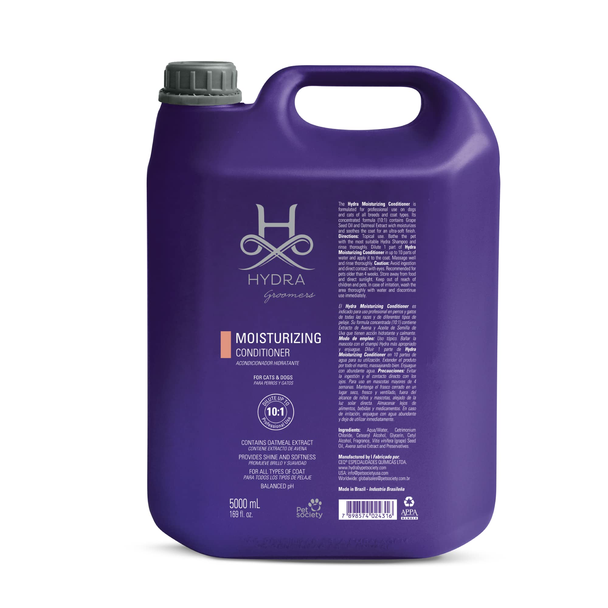 Hydra Professional Moisturizing Dog Conditioner with Oatmeal - All Breed & Coat Type Pet Conditioner for Dogs & Cats - Promotes Shiny Fur - 169 fl.oz - Ideal for Bathing, Grooming & Dry Skin Care
