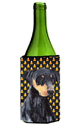 Doberman Natural Ears Candy Corn Halloween Portrait Wine Bottle Hugger - Fun Wine Accessory for Halloween Parties, Pet Lover Gifts & Home Decor