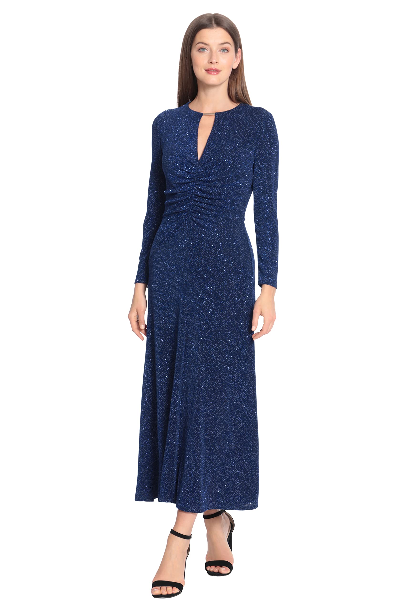 Maggy London Women's Keyhole Neck Midi Dress with Shirring at Waist - Elegant Flowy Cocktail Dress for Parties, Weddings & Special Occasions