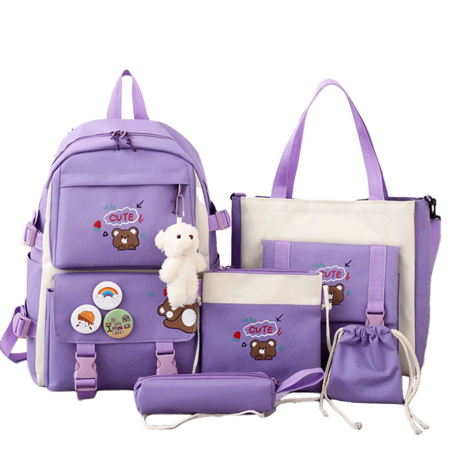 5Pcs Kawaii Backpack Set with Bear Pendant - Cute Large Canvas Schoolbag & Tote Bag for Girls | Back to School Supplies | Perfect for School, Travel & Daily Use (Purple)