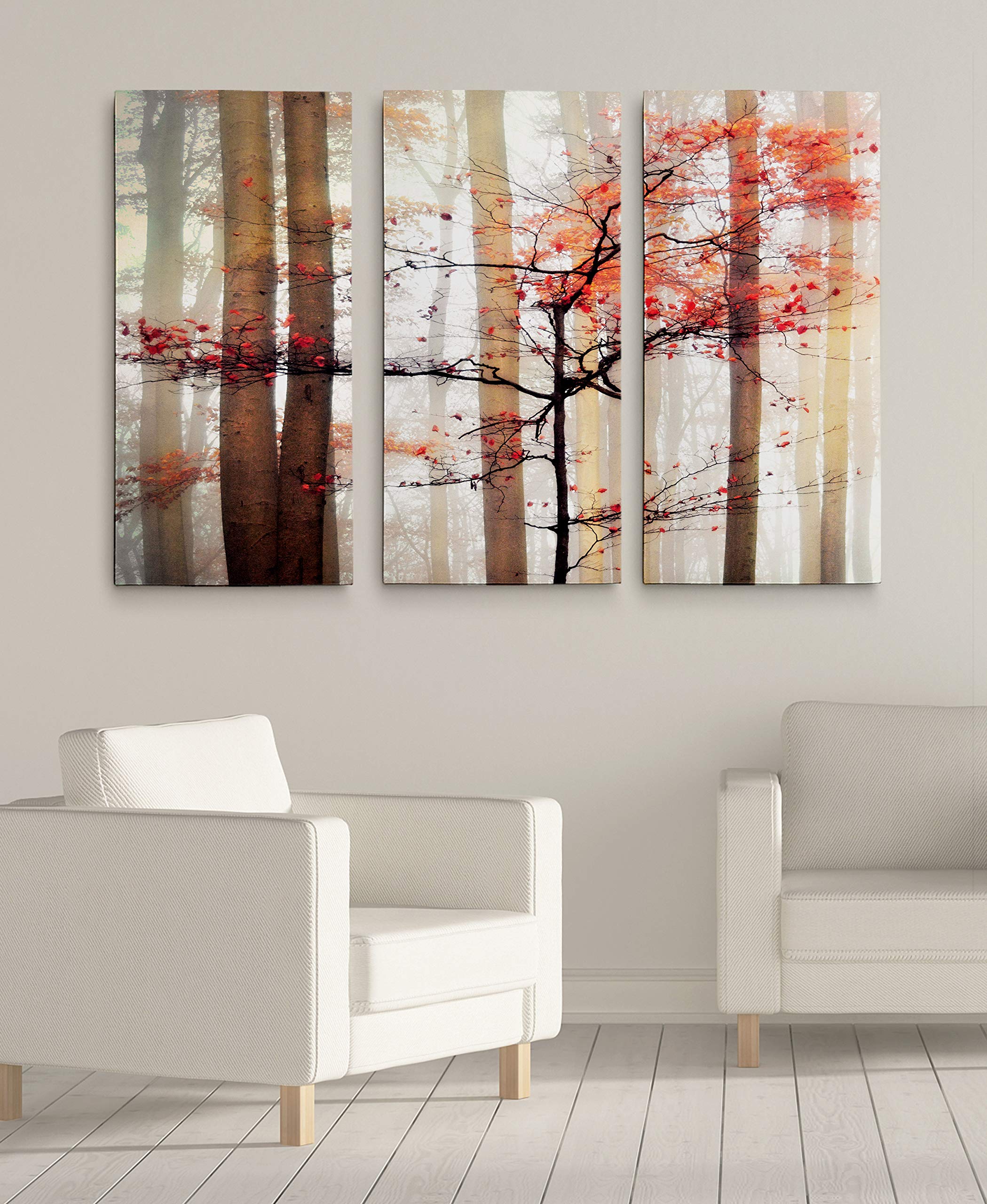 Orange Autumn Tree Forest Abstract Canvas Wall Art - 16x32 Inch 3-Panel Floral Prints for Living Room, Bedroom, Office & Kitchen Decor | Modern Home & Workspace Interior Design