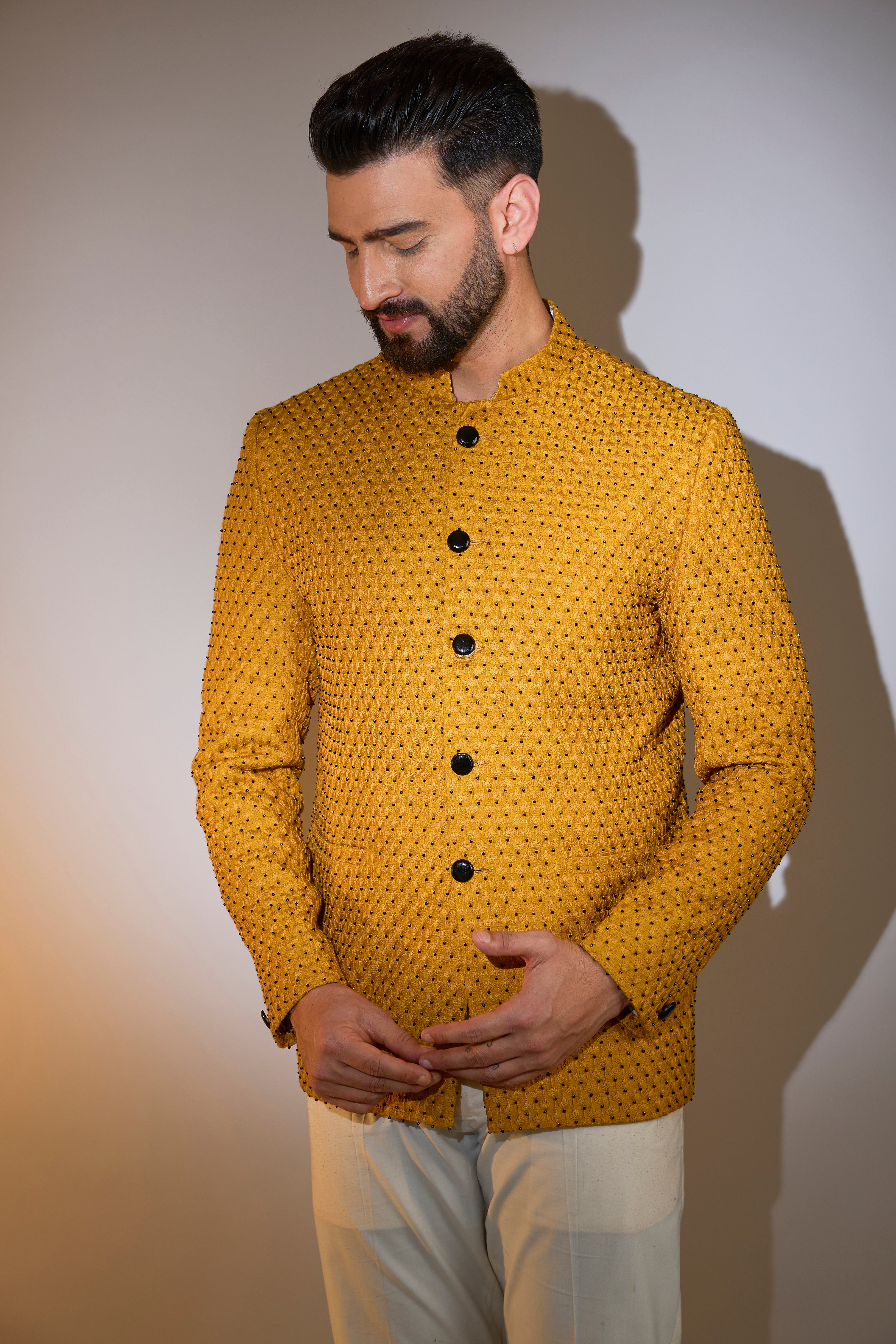 Exquisite Mustard Bandhgala with Intricate Cut Dana Embroidery - Perfect for Weddings, Festivals & Special Occasions