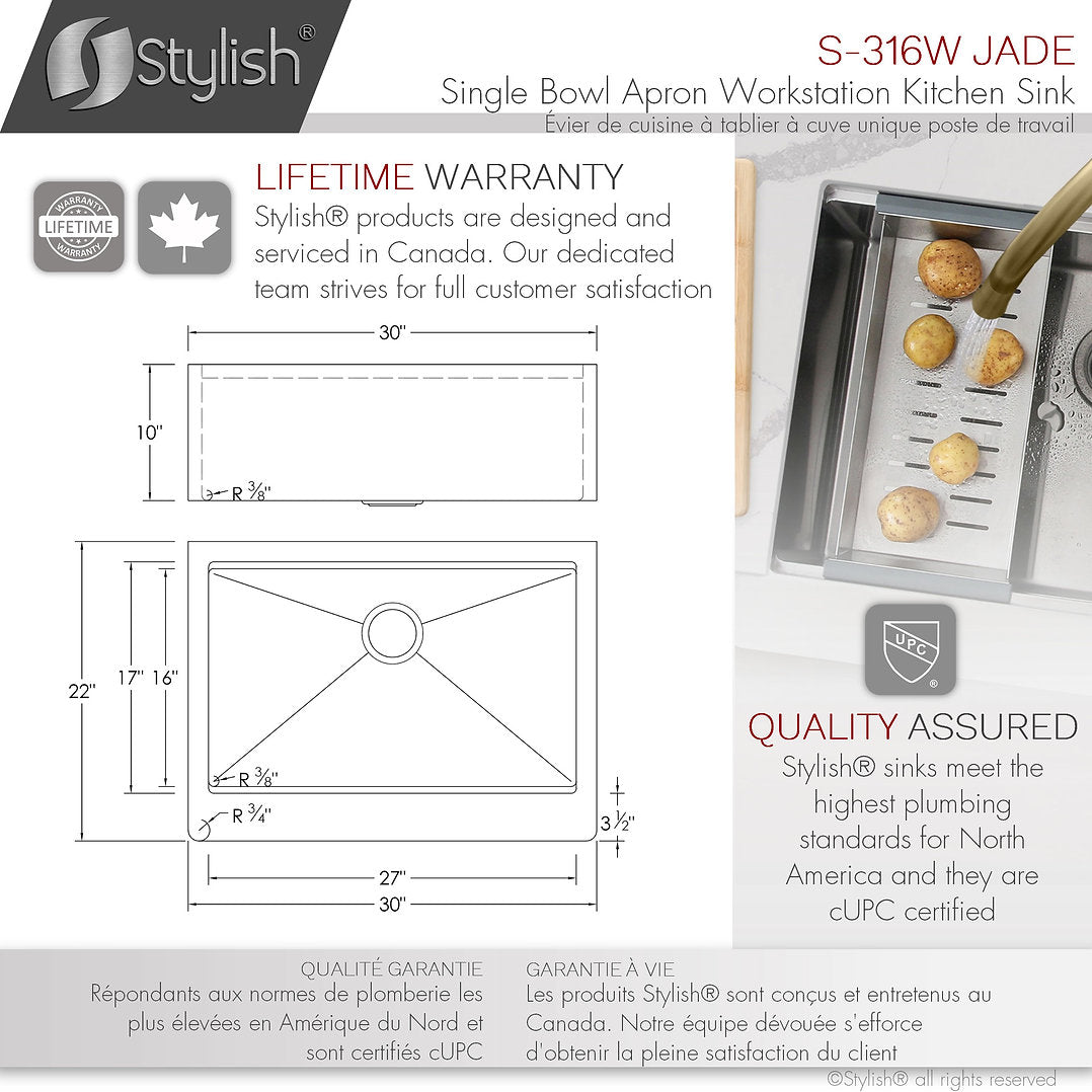 Stylish 30-Inch JADE S 316L Farmhouse Single Bowl Stainless Steel Apron Kitchen Sink with Accessories - Perfect for Modern Farmhouse & Rustic Style Kitchens