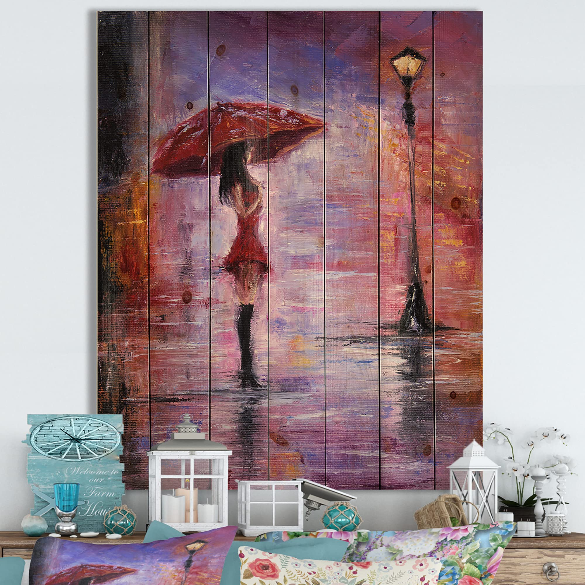 DesignQ Traditional Wood Wall Art - Woman in Red Walking with Umbrella Print on Natural Pine Wood, Large People Wall Decor for Living Room, Bedroom & Office
