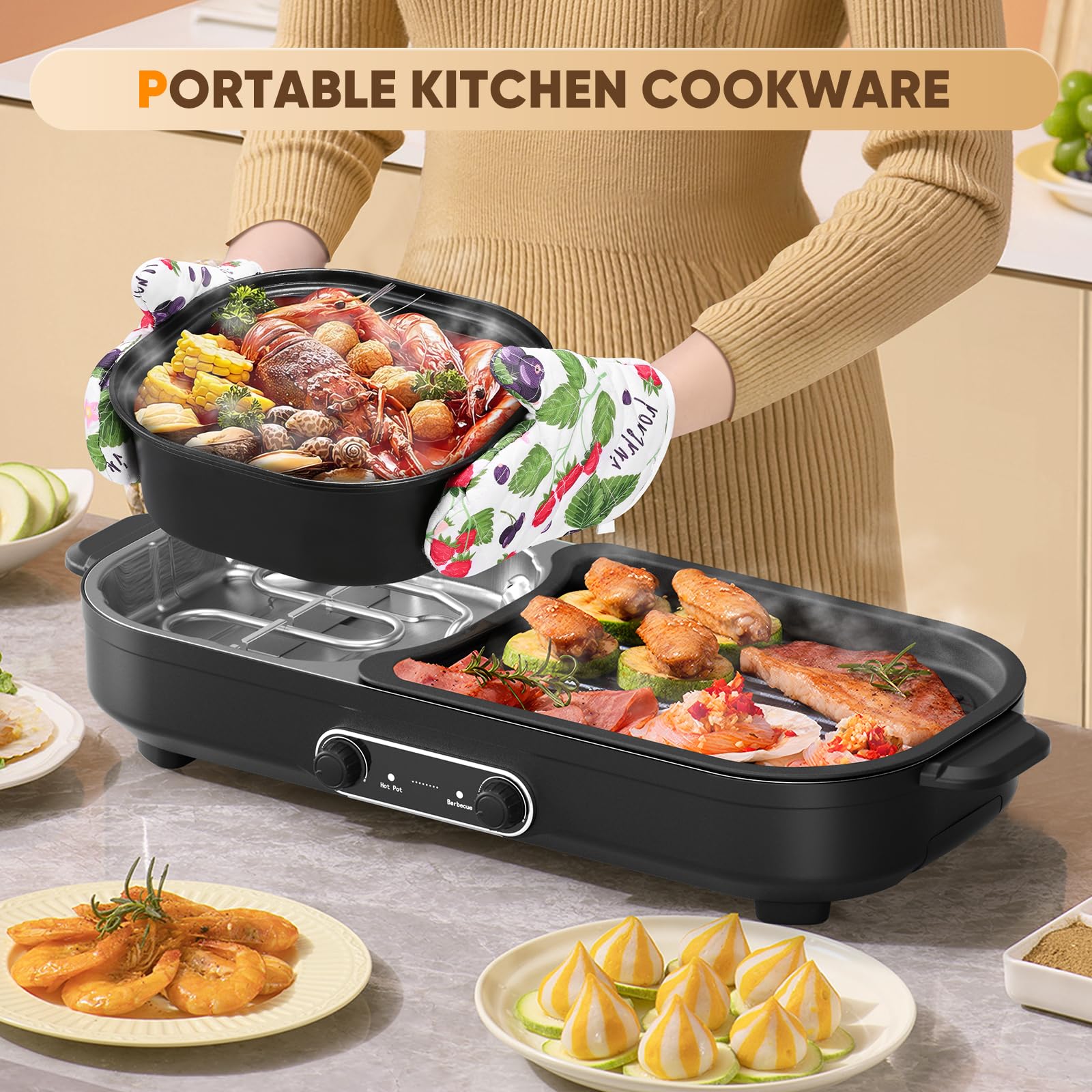 2-in-1 Electric Hot Pot & Grill with Dual Temperature Control - Non-Stick Smokeless Indoor Shabu Hot Pot & Korean BBQ - Perfect for Family Gatherings, Dorm Cooking & Asian Cuisine Nights