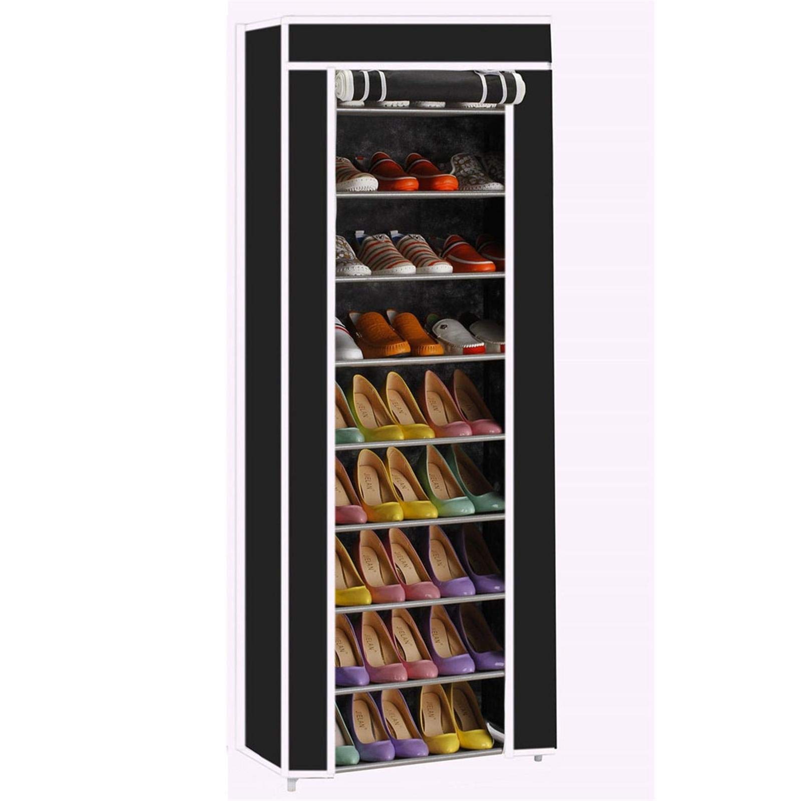 20-Pair Double Row Shoe Rack Organizer with Non-Woven Fabric Cover - Space Saving 10-Layer Metal Shoe Cabinet for Closet & Entryway Storage (Black) - Perfect for Small Apartments, Dorm Rooms & Home Organization