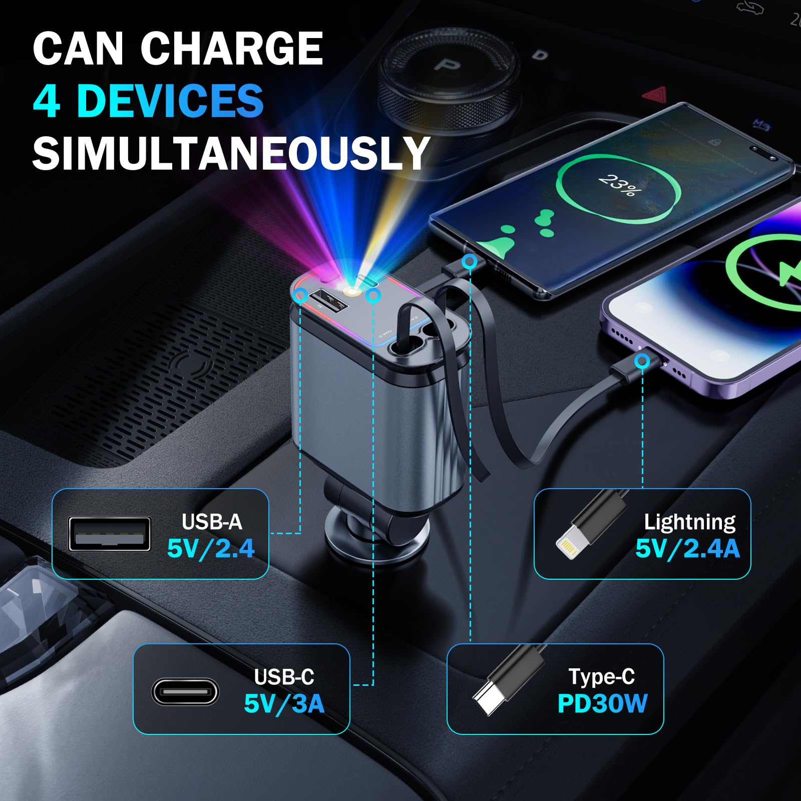 66W USB C Car Charger with Starlight - 4-in-1 Retractable Fast Charging Adapter with 2 USB Ports for iPhone 16/15/14/13/12/11 & Android Phones - Dark Grey - Perfect for Road Trips & Daily Commute