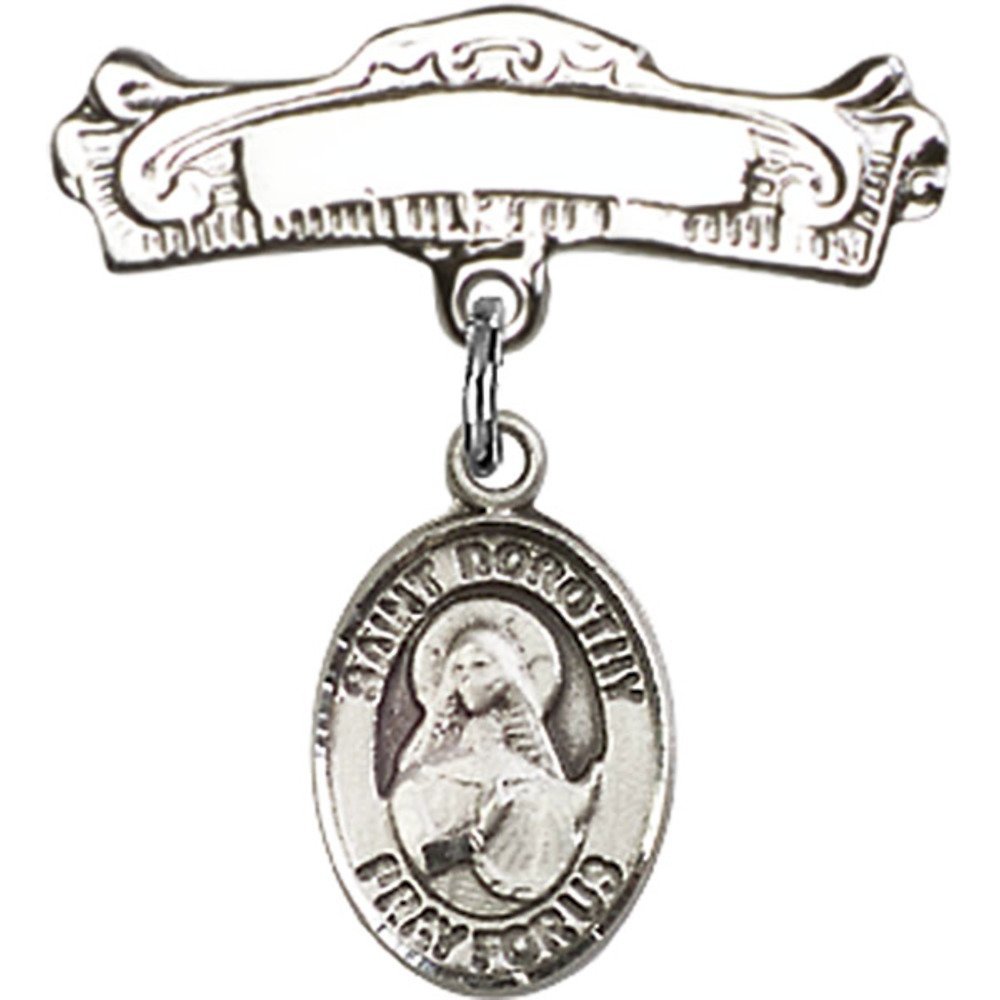 Sterling Silver Baby Badge with St. Dorothy Charm - 7/8 X 7/8 Inch Arched Polished Pin - Perfect for Christening, Baptism & First Communion Gifts