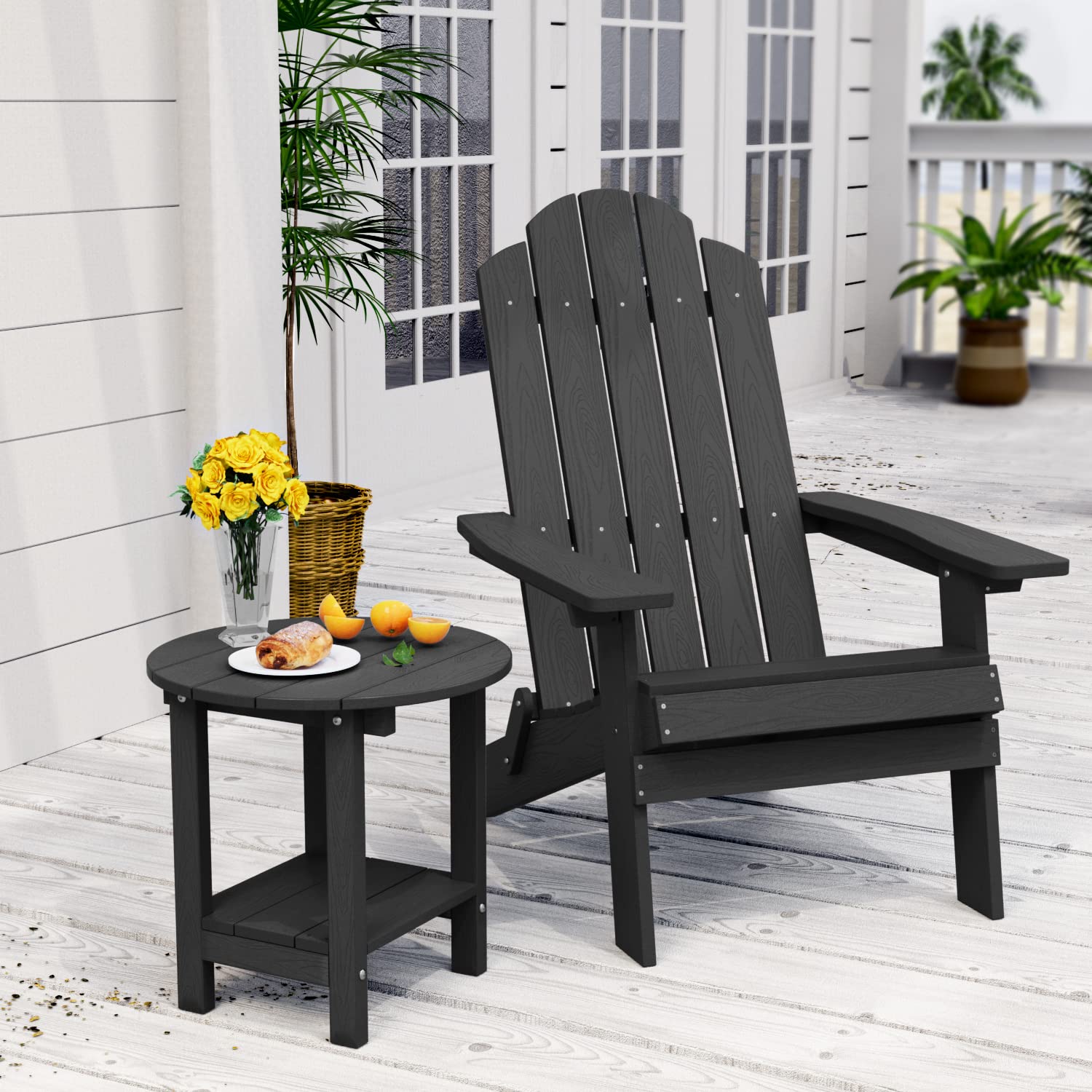 MXIMU Folding Plastic Adirondack Chair and Table Set - 2-Piece Outdoor Furniture for Patio, Garden, Poolside & Beach - Lightweight Foldable Lawn Chairs with Fire Pit Seating - Perfect for Backyard, Balcony, and Camping (Black)