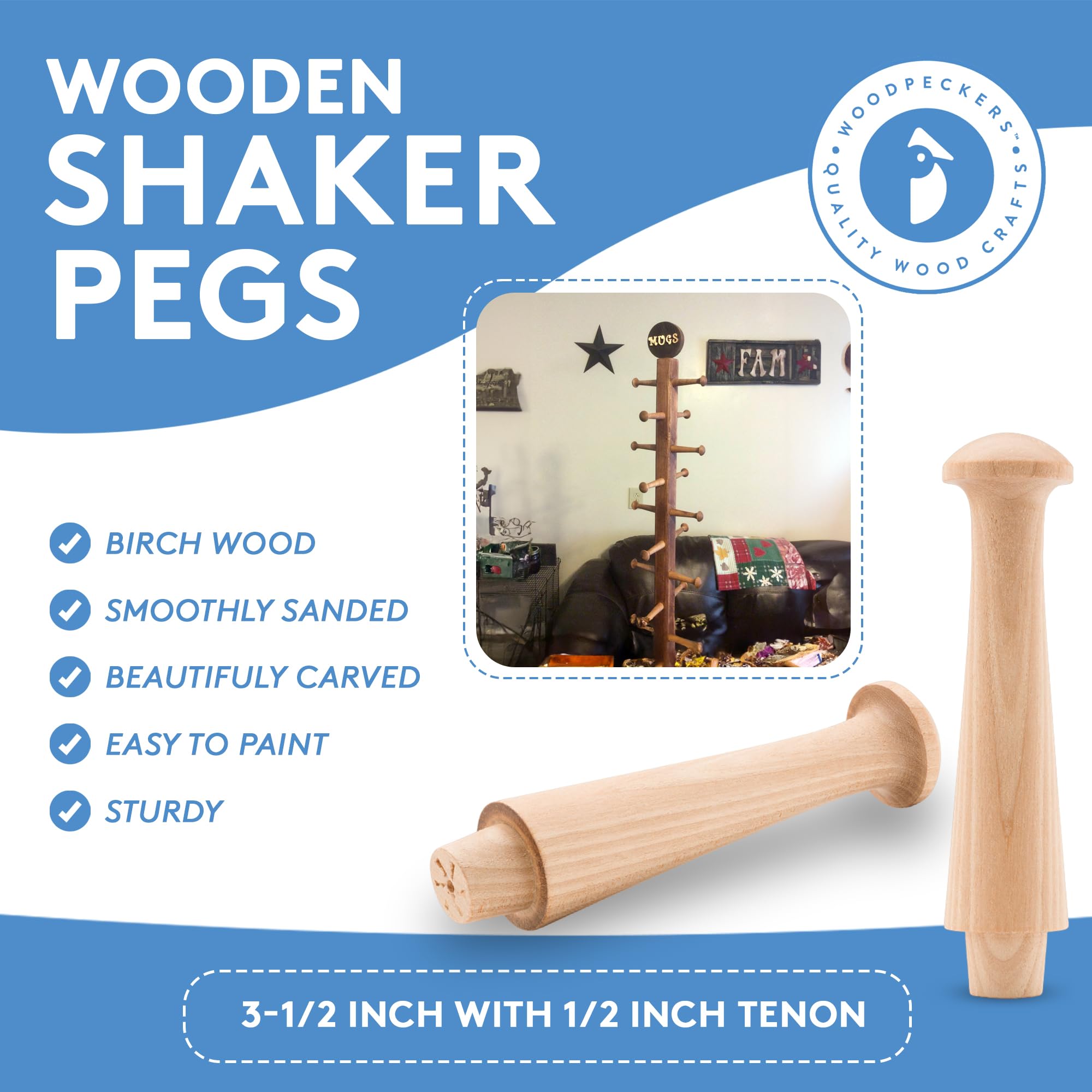 3.5-inch Wooden Shaker Pegs with 1/2-inch Tenon - Pack of 25 DIY Wall Hooks for Coat, Hat & Towel Organization | Rustic Home Decor for Entryway, Mudroom & Bathroom Storage | Woodpeckers Solid Wood Hanging Hooks