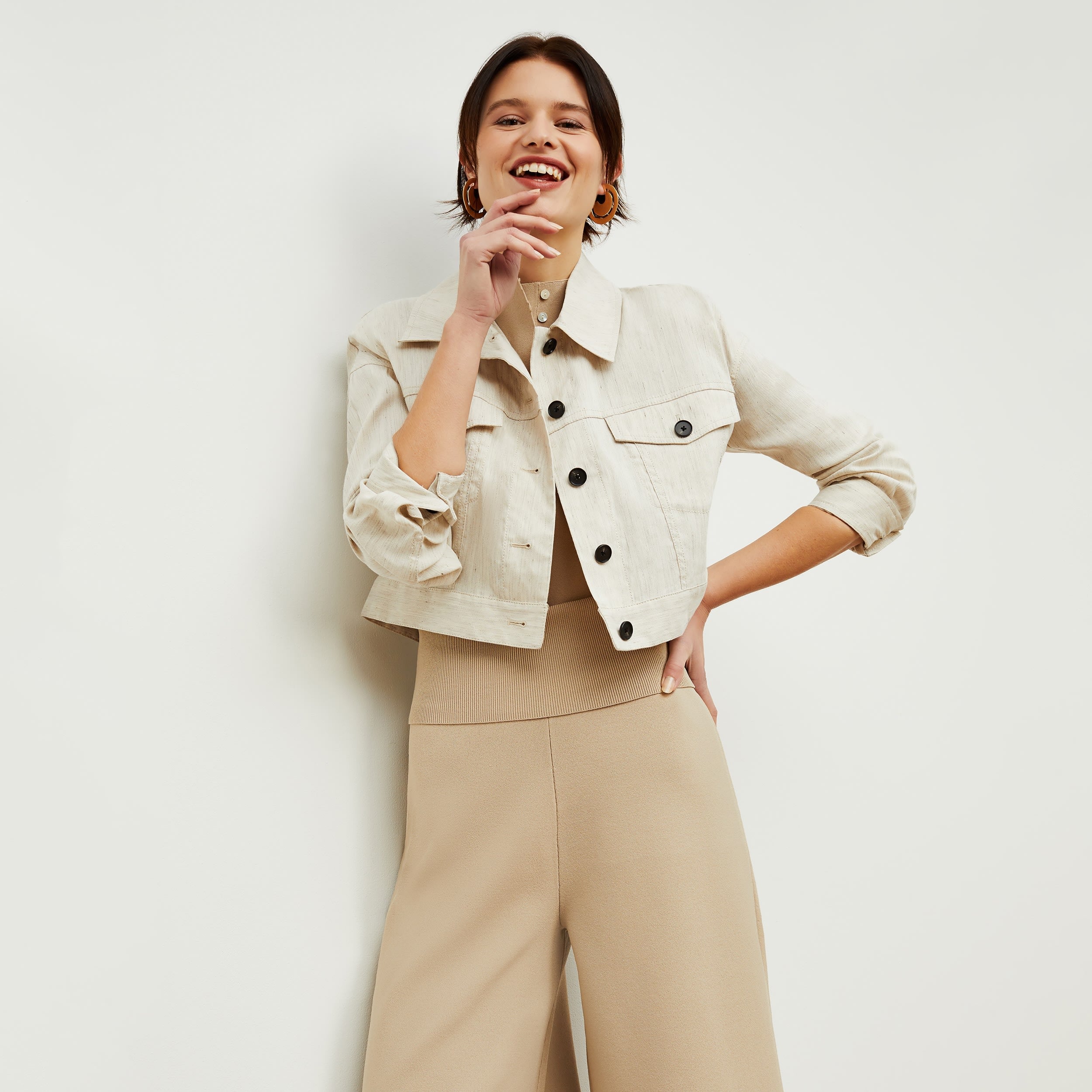 Rogala Stretch Culotte Jumpsuit & Knit Cardigan Set in Latte - Comfortable Lounge Wear for Women, Perfect for Home, Office and Casual Outings