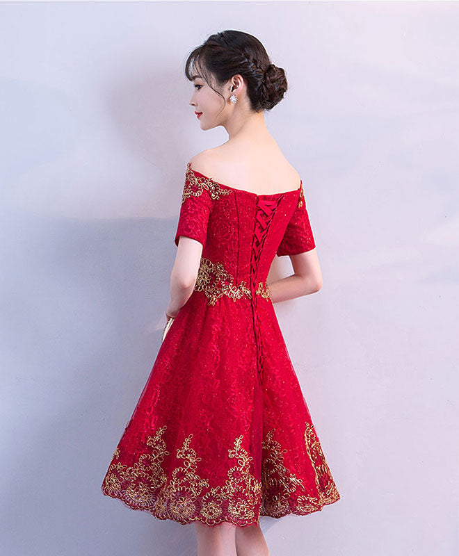 Burgundy Off Shoulder Tulle Lace Short Prom Dress - Elegant Burgundy Evening Gown for Homecoming, Cocktail Party & Formal Events
