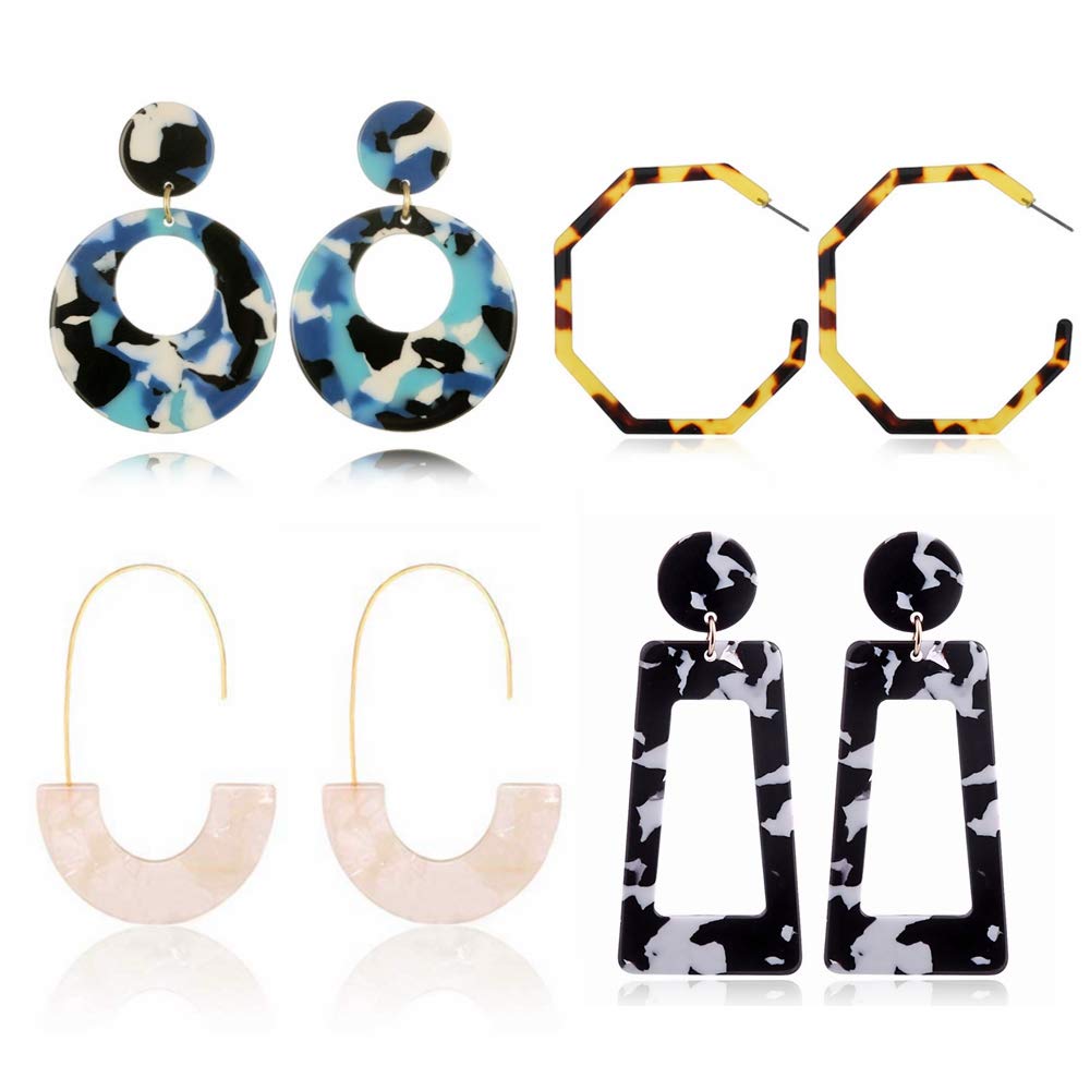 SEVENSTONE 4 Pairs Acrylic Earrings for Women - Statement Mottled Hoop Resin Dangle Earrings, Boho Circle Tortoise Shell Jewelry Set | Perfect for Parties, Weddings & Everyday Wear