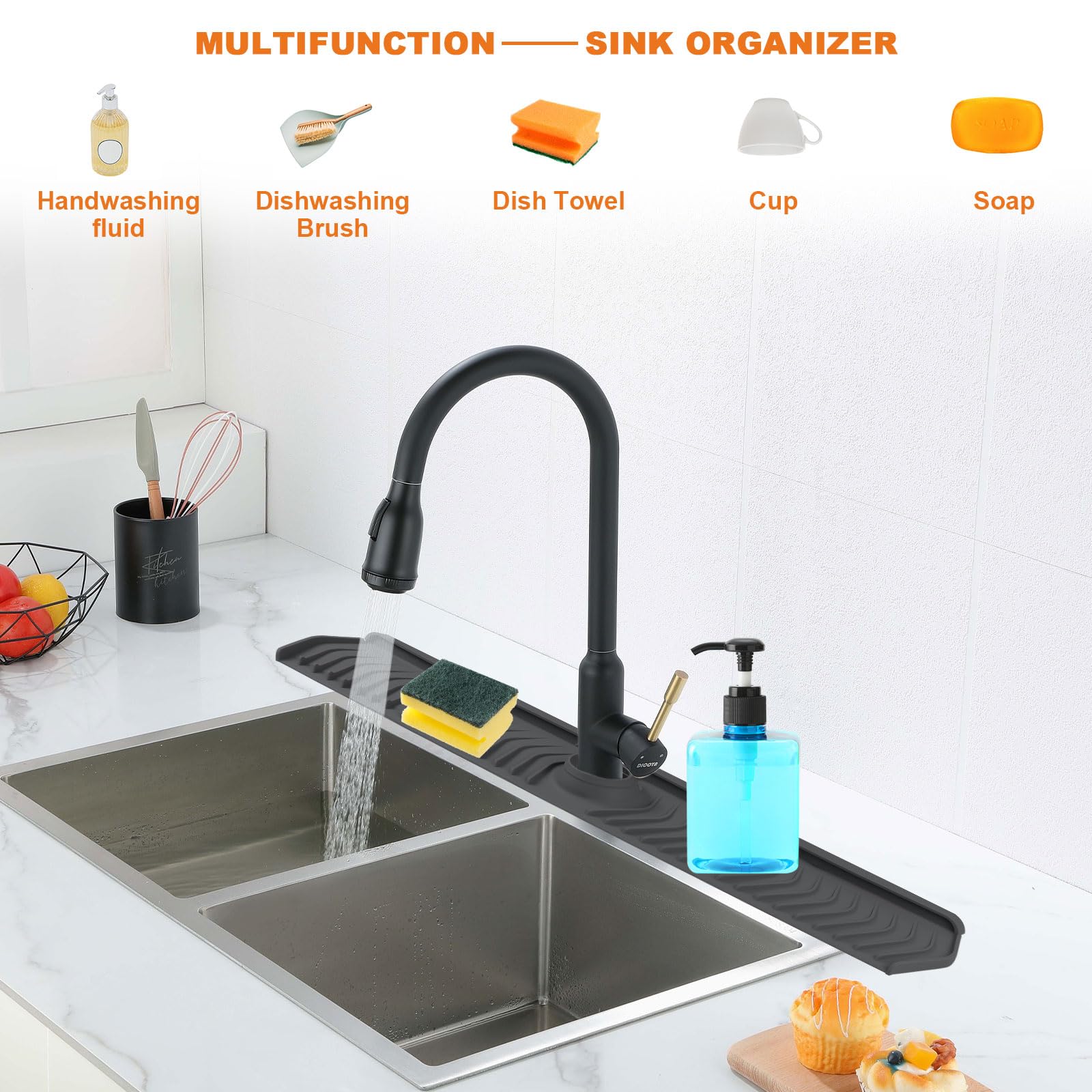 30 Inch Silicone Kitchen Sink Splash Guard - Anti-Splash Faucet Mat & Drip Catcher Tray for Countertop Protection - Perfect for Kitchen & Bathroom Use (Black) - Ideal for Cooking, Dishwashing & Handwashing Scenes