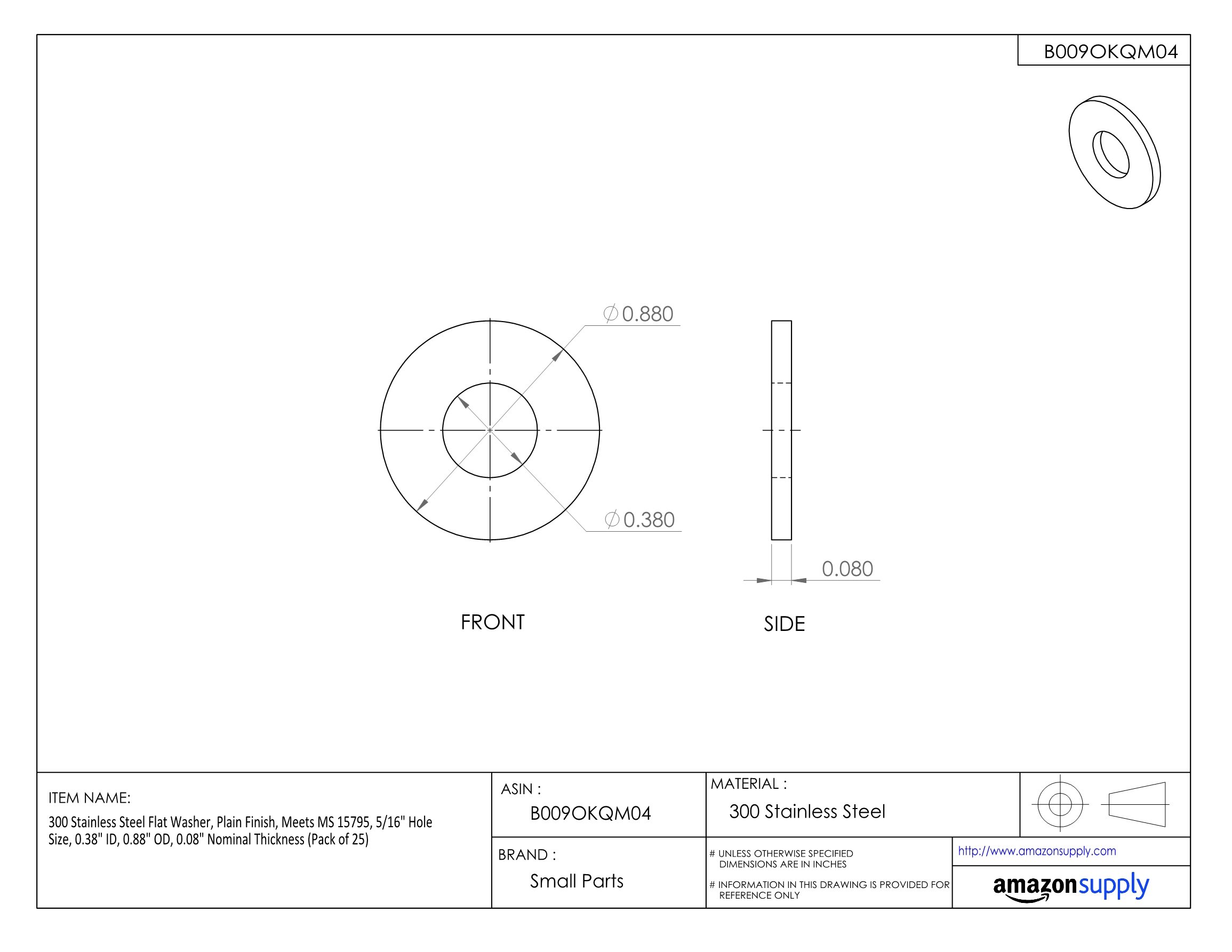 MS15795816 300 Stainless Steel Flat Washer, 7/16