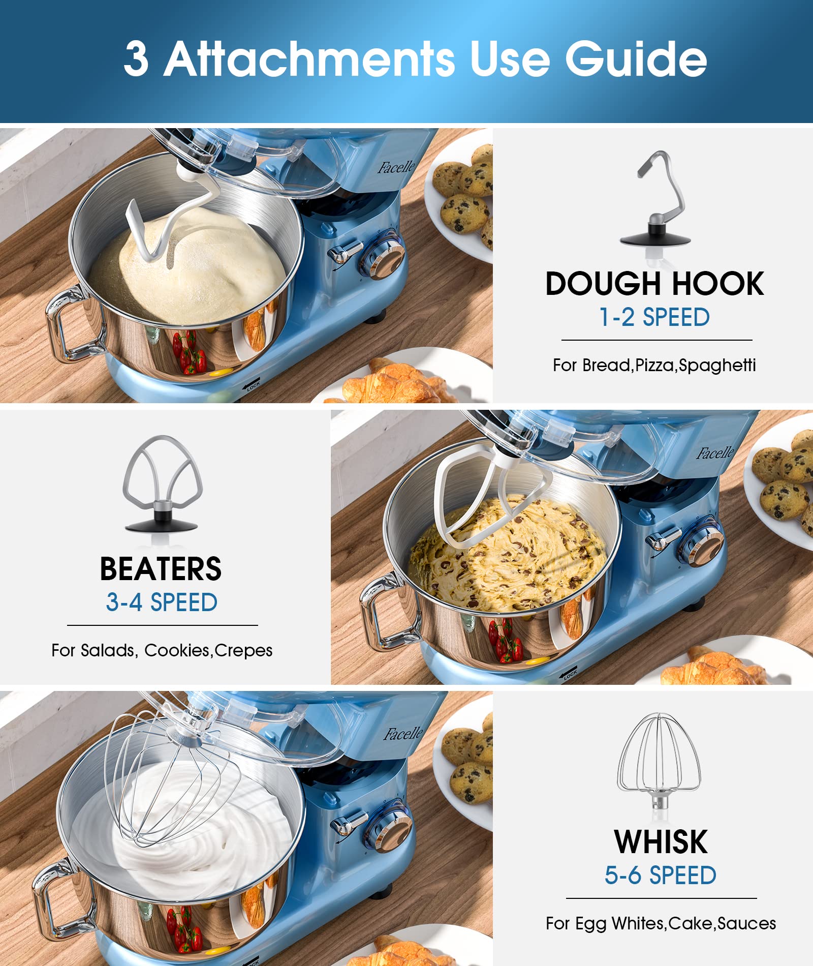 Facelle 660W 6-Speed Stand Mixer - Tilt-Head Electric Kitchen Mixer with Pulse Function, Includes 6.5QT Bowl, Dough Hook, Whisk & Dishwasher-Safe Beater - Perfect for Baking Cakes, Cookies, Bread & Pastries - Blue