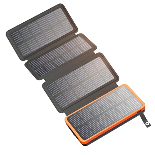 FEELLE 25000mAh Solar Power Bank with 4 Solar Panels - Portable External Battery Pack for iPhone, Android, Smartphones | 3A Fast Charging | Perfect for Outdoor Camping, Hiking, Travel & Emergency Power Backup (Orange)